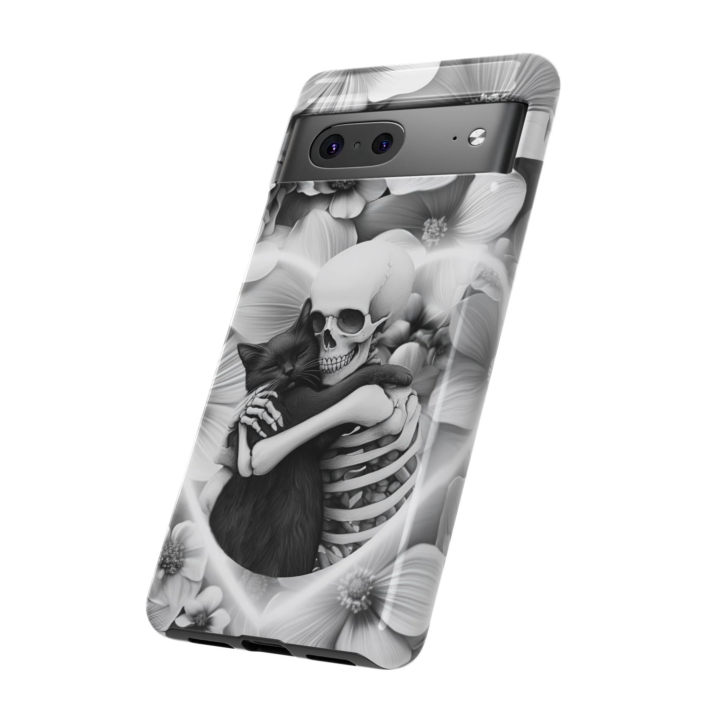 Skeleton & Black Cat Phone Case - Aesthetic Cat Lover Phone Cases for iPhone 16 15 14 13 12 11, Samsung Galaxy & Google Pixel