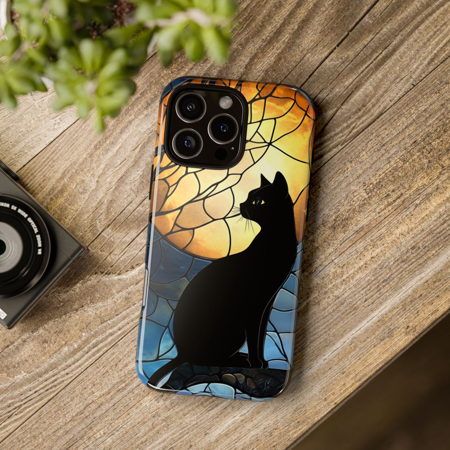 Black Cat and Moon Stained Glass Phone Case - Celestial Cat Lover Phone Cases for iPhone 16 15 14 13 12 11, Samsung Galaxy & Google Pixel