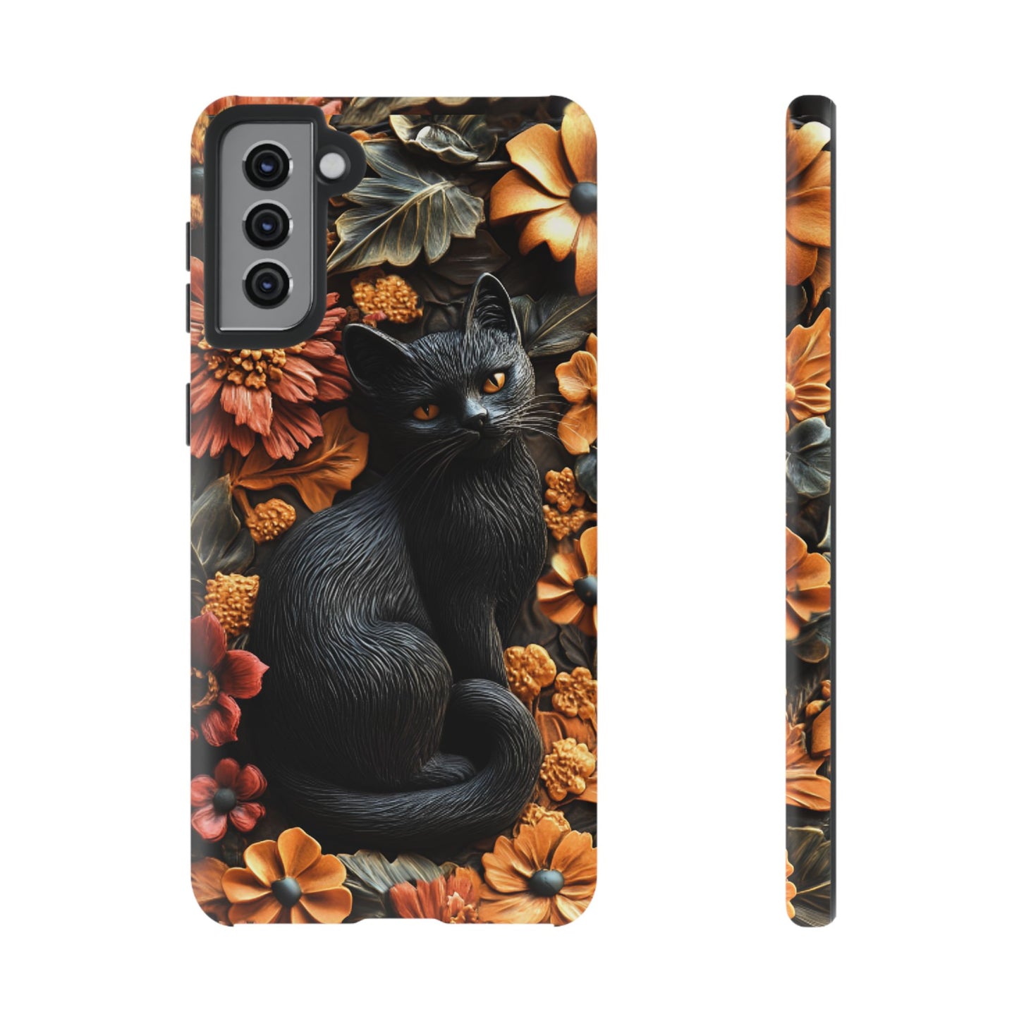 Black Cat Floral Fall Phone Case - Carved Clay Effect Cat Lover Phone Cases for iPhone 16 15 14 13 12 11, Samsung Galaxy & Google Pixel