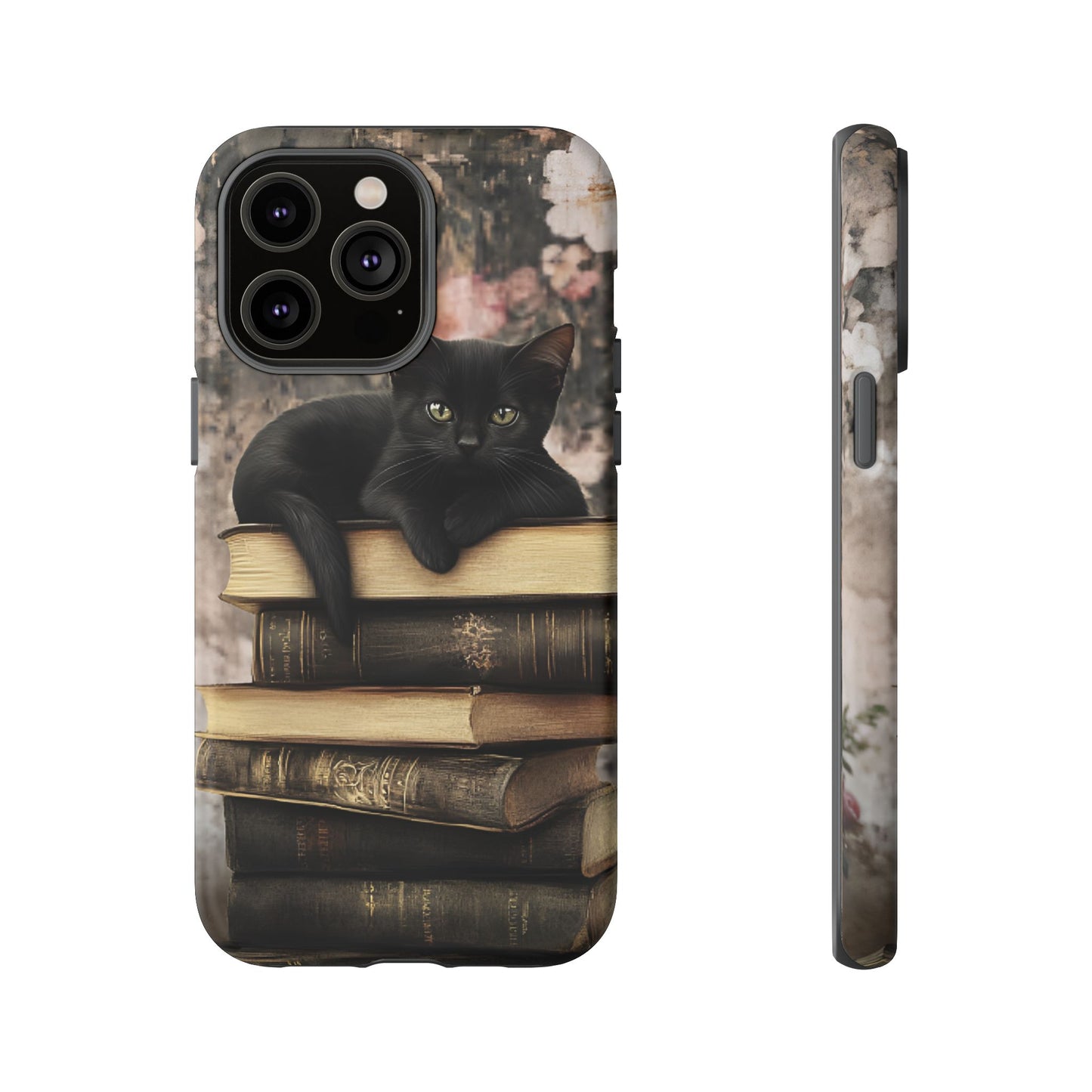 Black Cat and Books Phone Case - Vintage Dark Academia Library Phone Cases for iPhone 16 15 14 13 12 11, Samsung Galaxy & Google Pixel