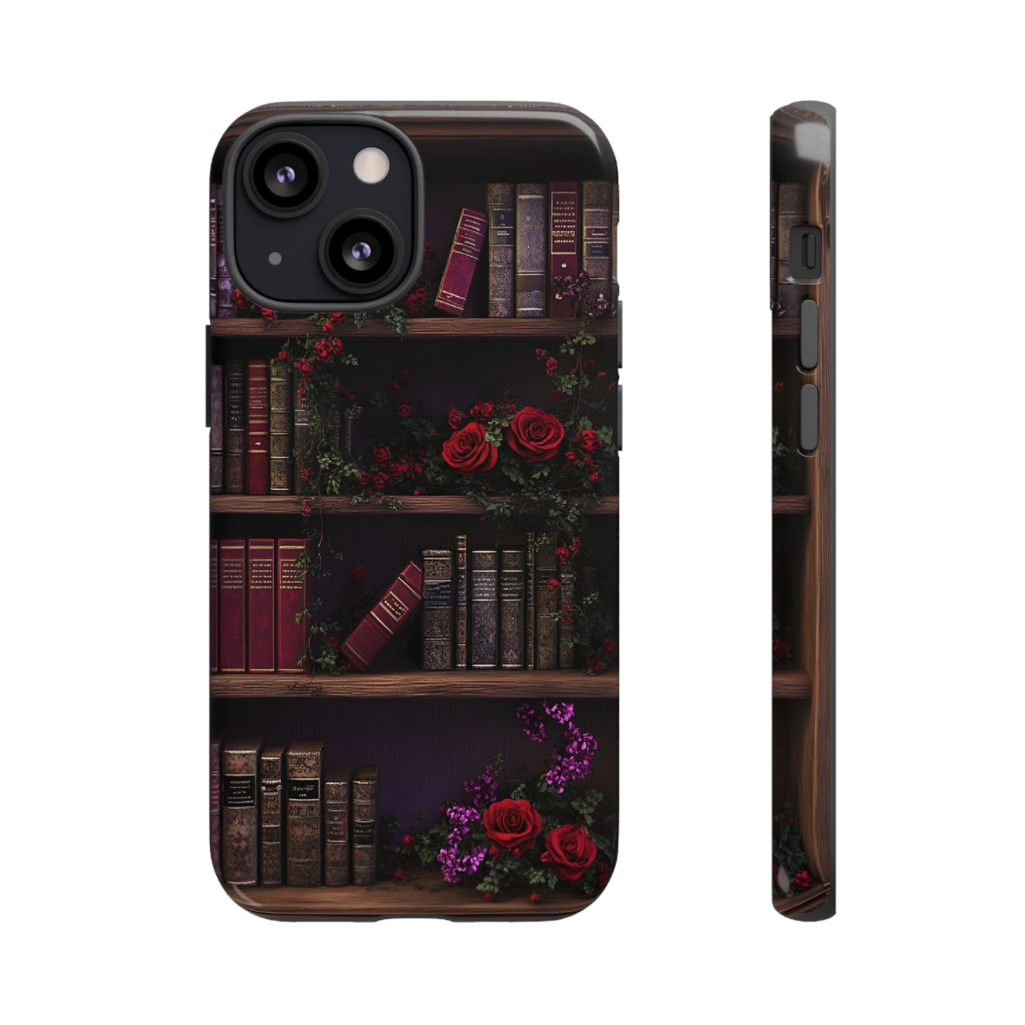 Book Lovers Phone Case - Roses and Books in Moody Vintage Bookshelf - iPhone 16 15 14 13 12 11, Samsung Galaxy & Google Pixel Phone Covers