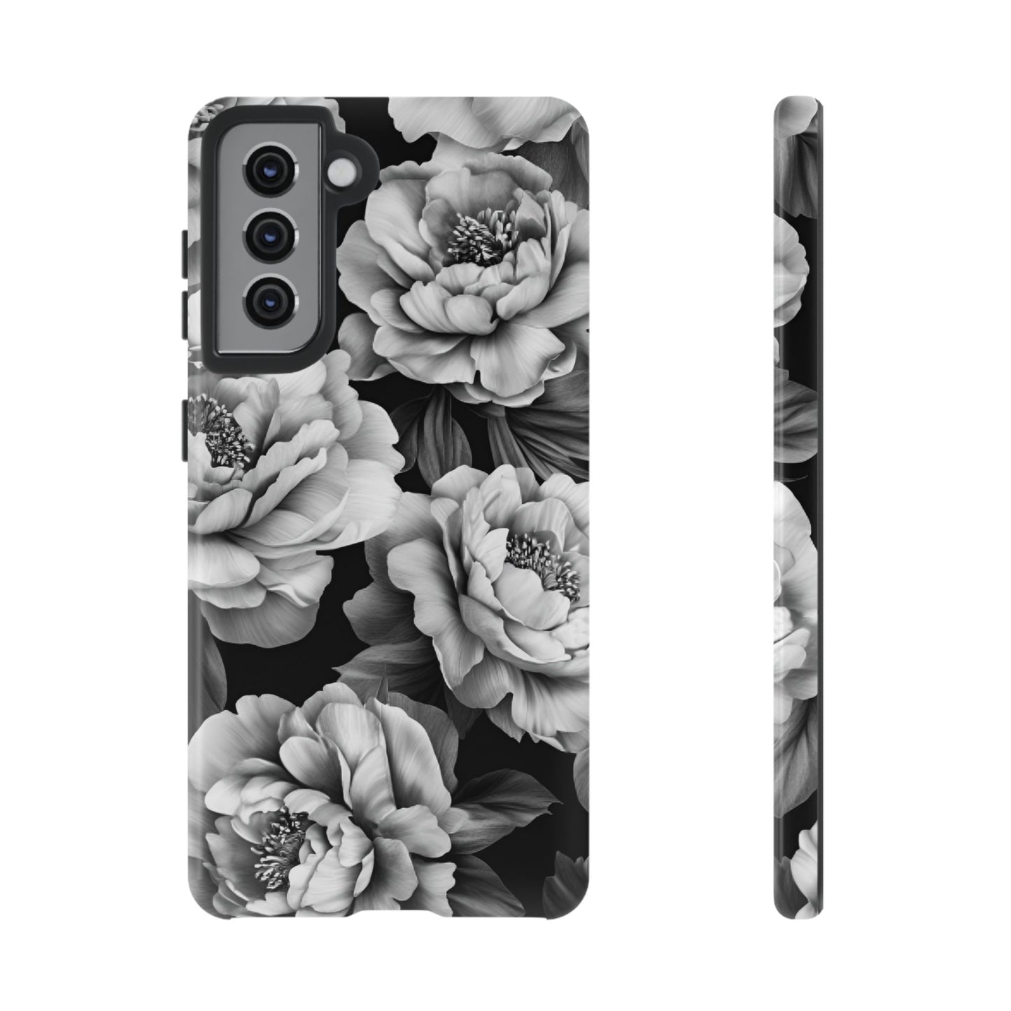 Black and White Peony Flower Phone Case - Aesthetic Dark Floral Phone Cases for iPhone 16 15 14 13 12 11, Samsung Galaxy & Google Pixel