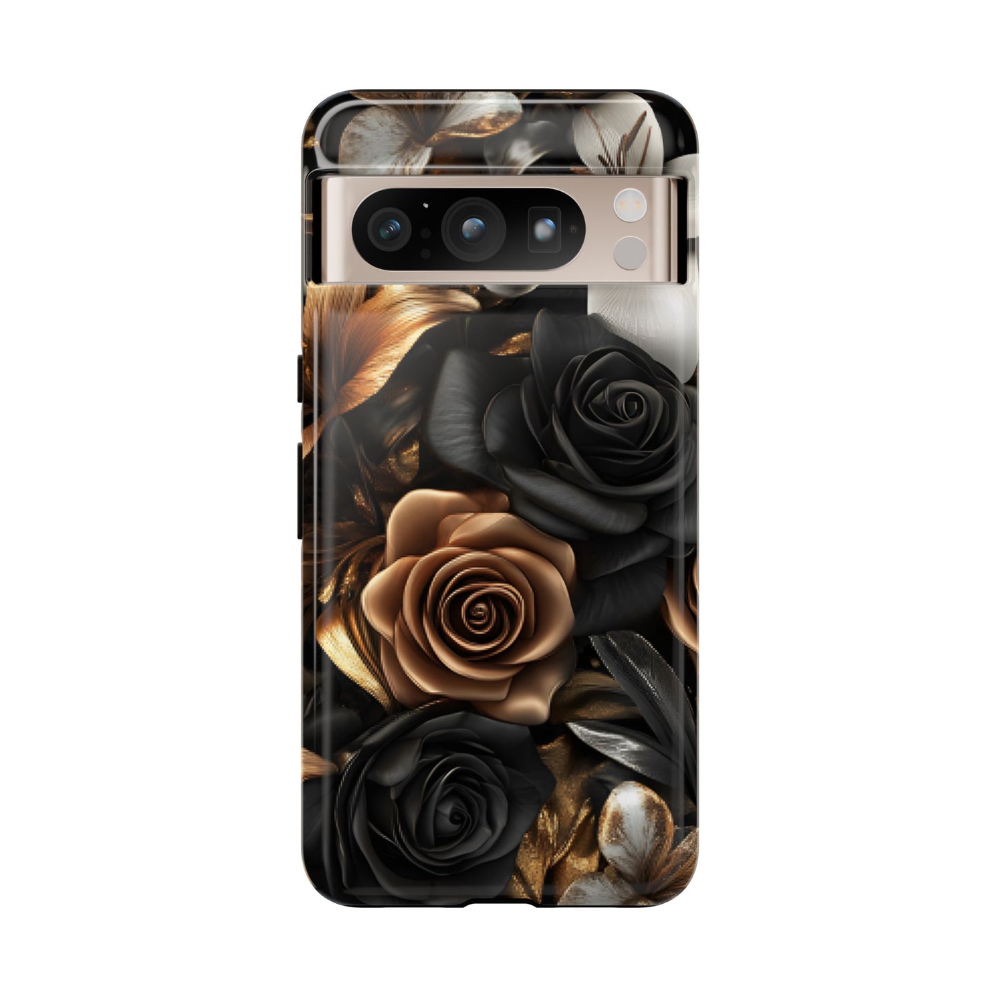 Floral Phone Case - Black and Gold Roses for iPhone 16 15 14 13 12 11, Samsung Galaxy & Google Pixel