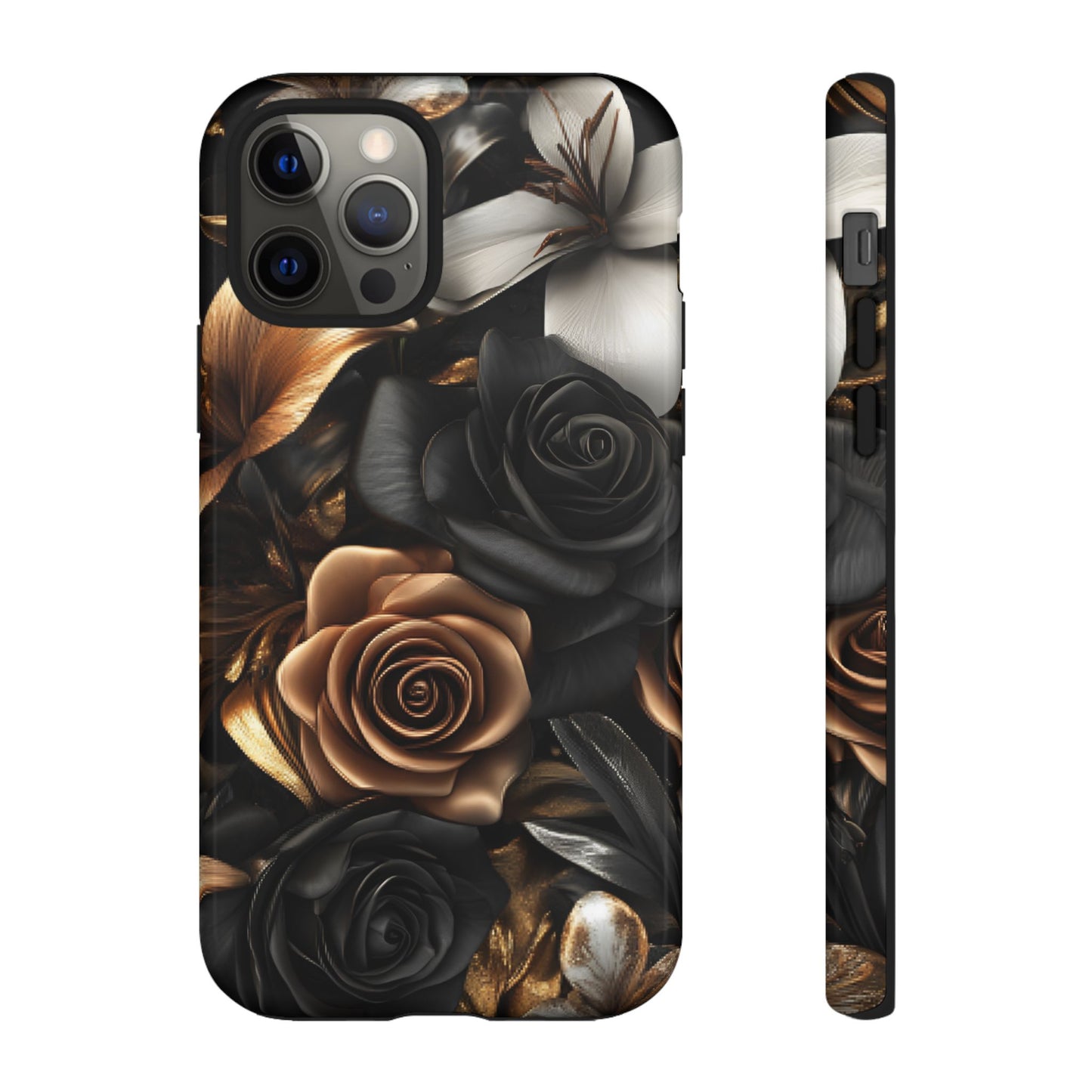 Floral Phone Case - Black and Gold Roses for iPhone 16 15 14 13 12 11, Samsung Galaxy & Google Pixel