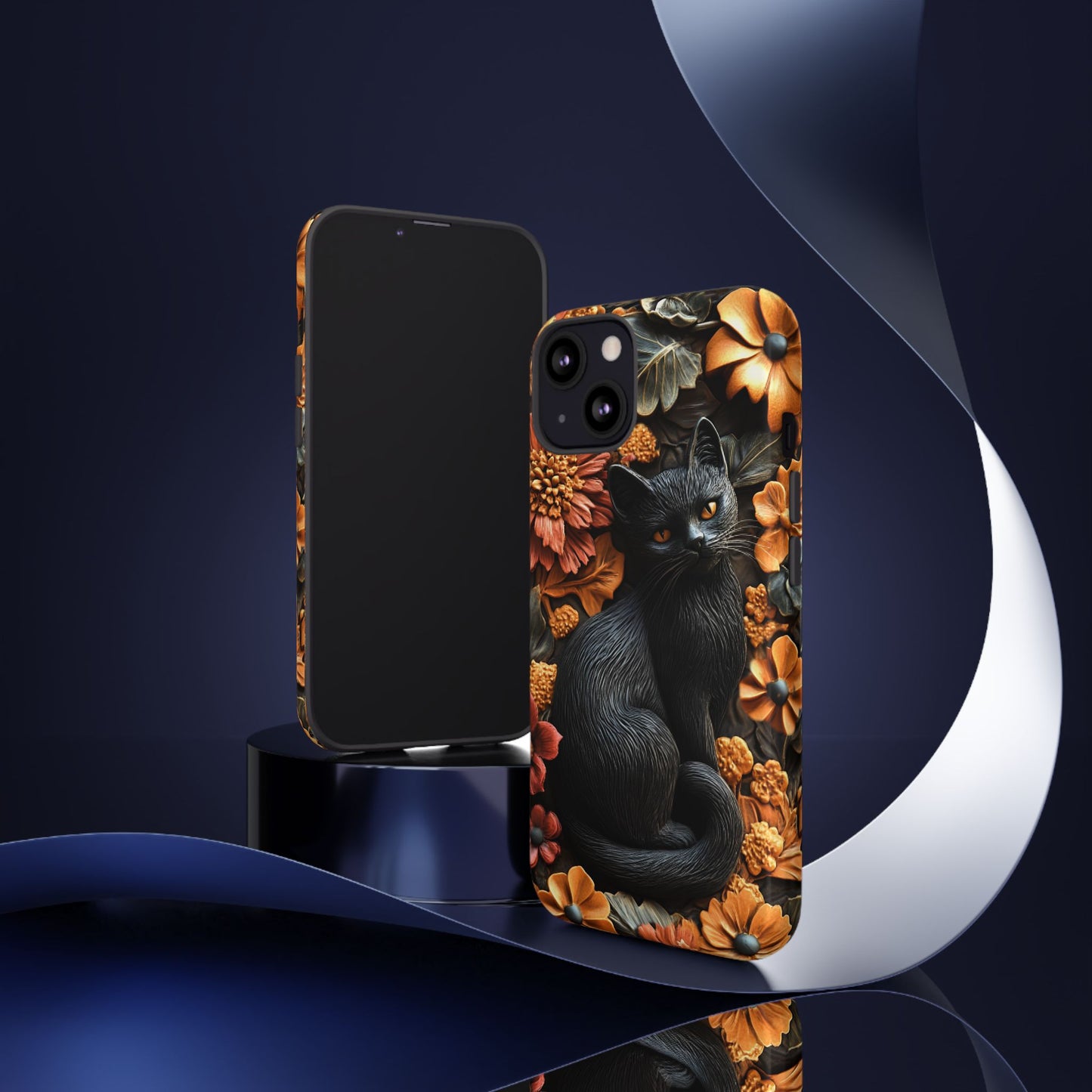 Black Cat Floral Fall Phone Case - Carved Clay Effect Cat Lover Phone Cases for iPhone 16 15 14 13 12 11, Samsung Galaxy & Google Pixel