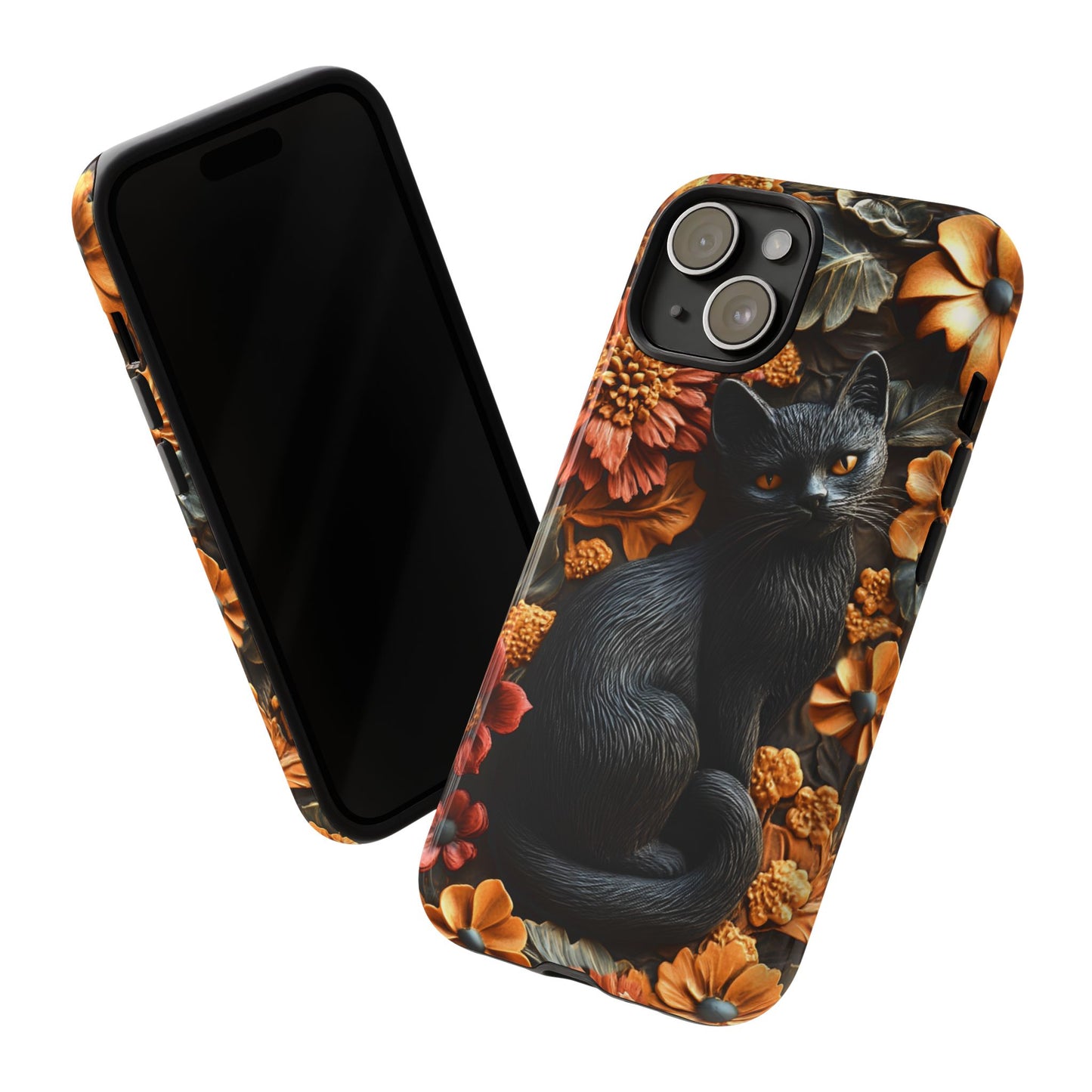 Black Cat Floral Fall Phone Case - Carved Clay Effect Cat Lover Phone Cases - iPhone 16 15 14 13 12 11, Samsung Galaxy & Google Pixel Phone Covers