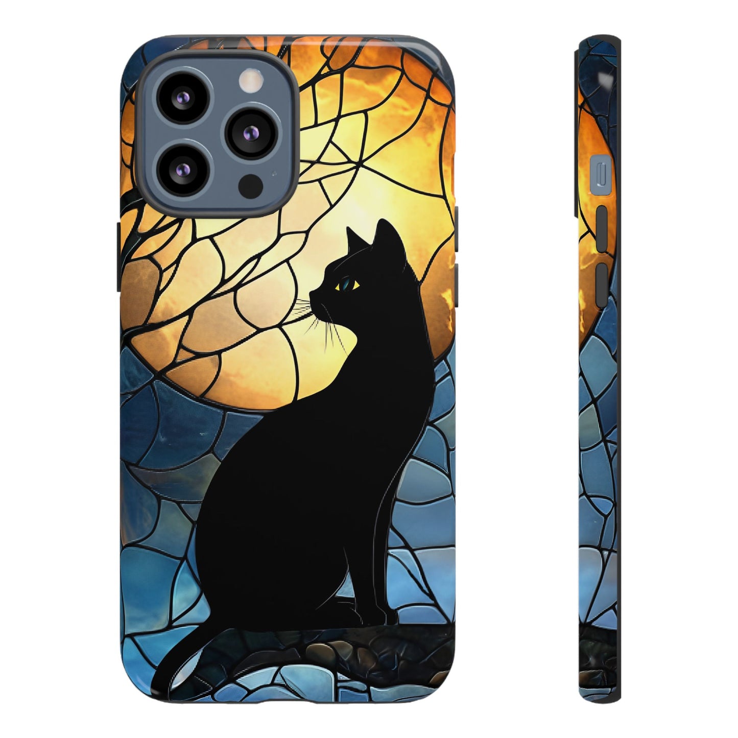 Black Cat and Moon Stained Glass Phone Case - Celestial Cat Lover Phone Cases for iPhone 16 15 14 13 12 11, Samsung Galaxy & Google Pixel