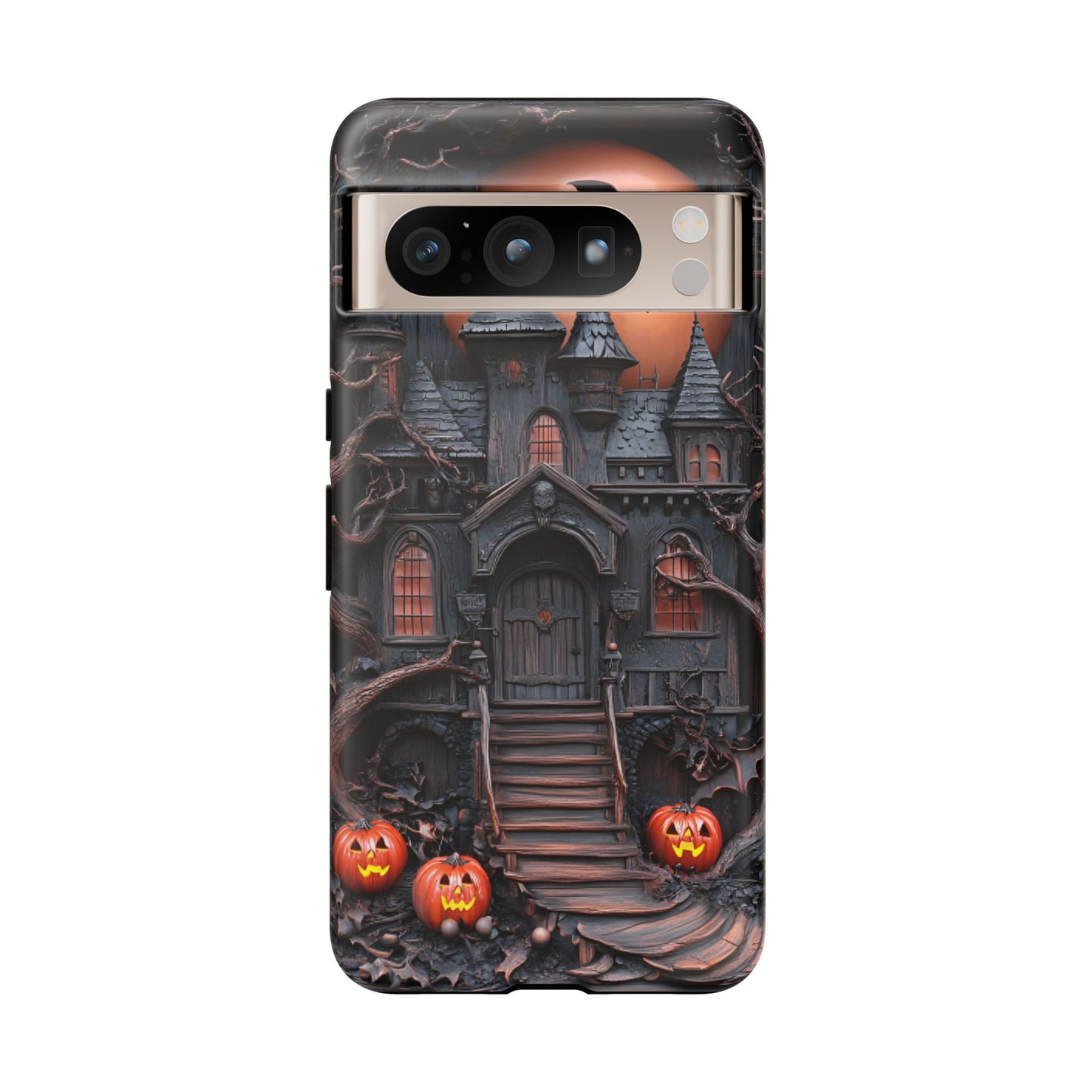 Carved Wood Haunted House Phone Case - Faux Wood Spooky Halloween Phone Cases - iPhone 16 15 14 13 12 11, Samsung Galaxy & Google Pixel Phone Covers