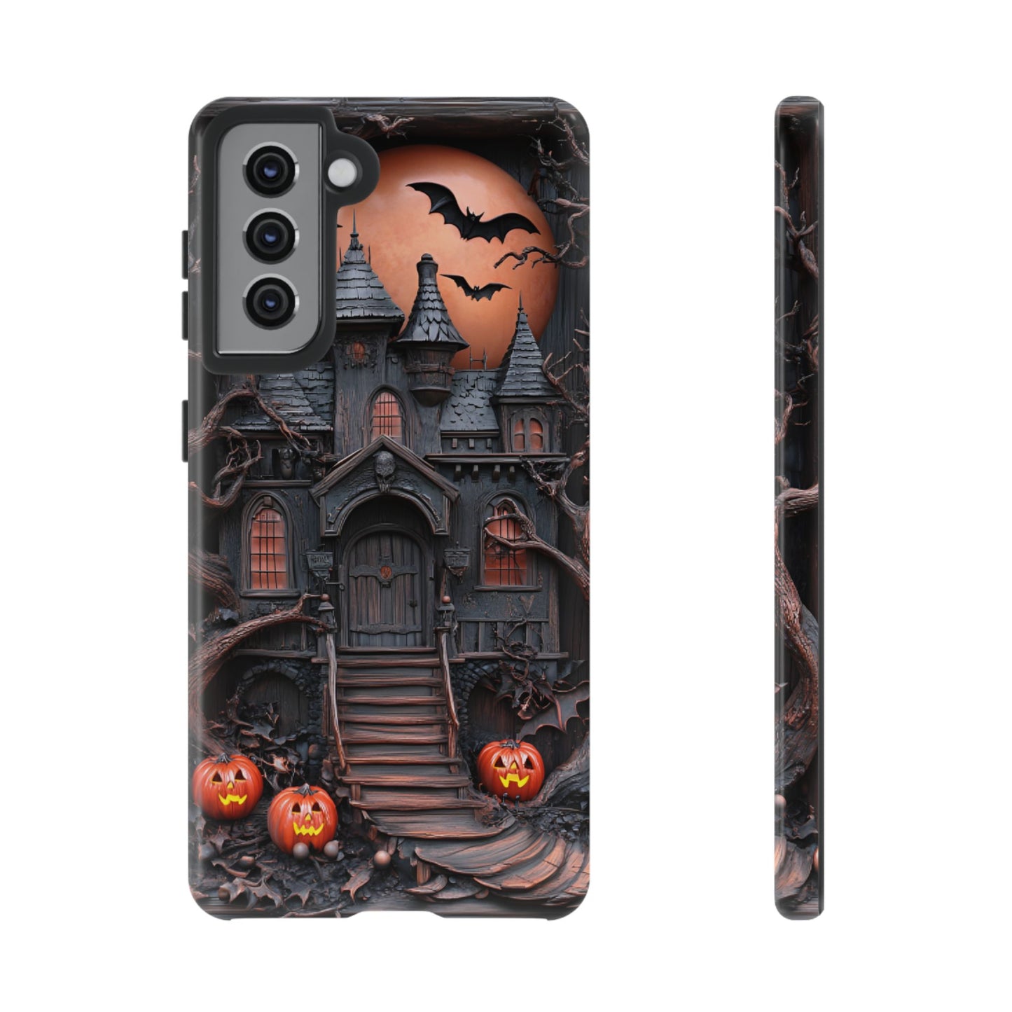 Carved Wood Haunted House Phone Case - Faux Wood Spooky Halloween Phone Cases for iPhone 16 15 14 13 12 11, Samsung Galaxy & Google Pixel