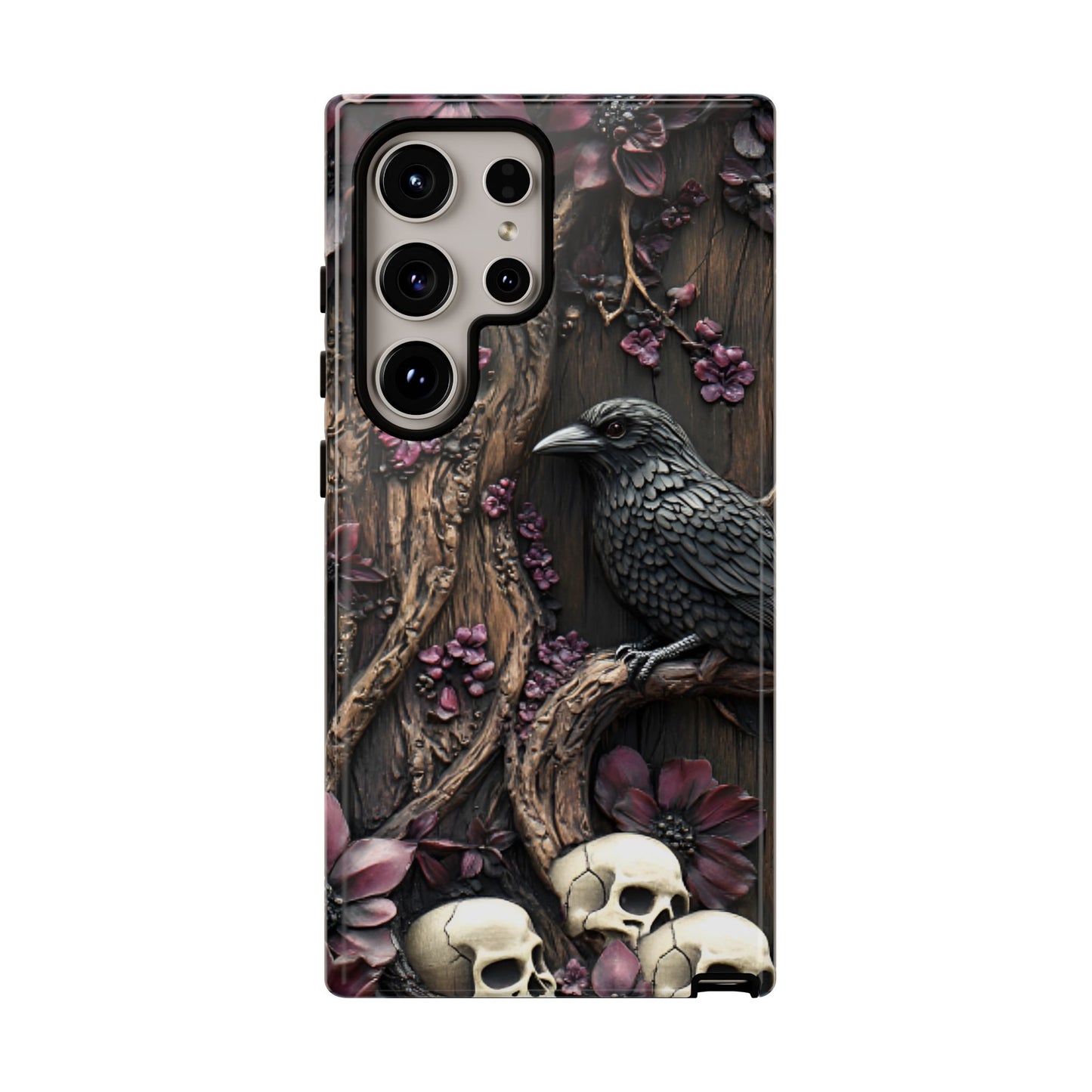 Raven and Skulls Phone Case - Gothic Faux Wood Phone Cases - iPhone 16 15 14 13 12 11, Samsung Galaxy & Google Pixel Phone Covers