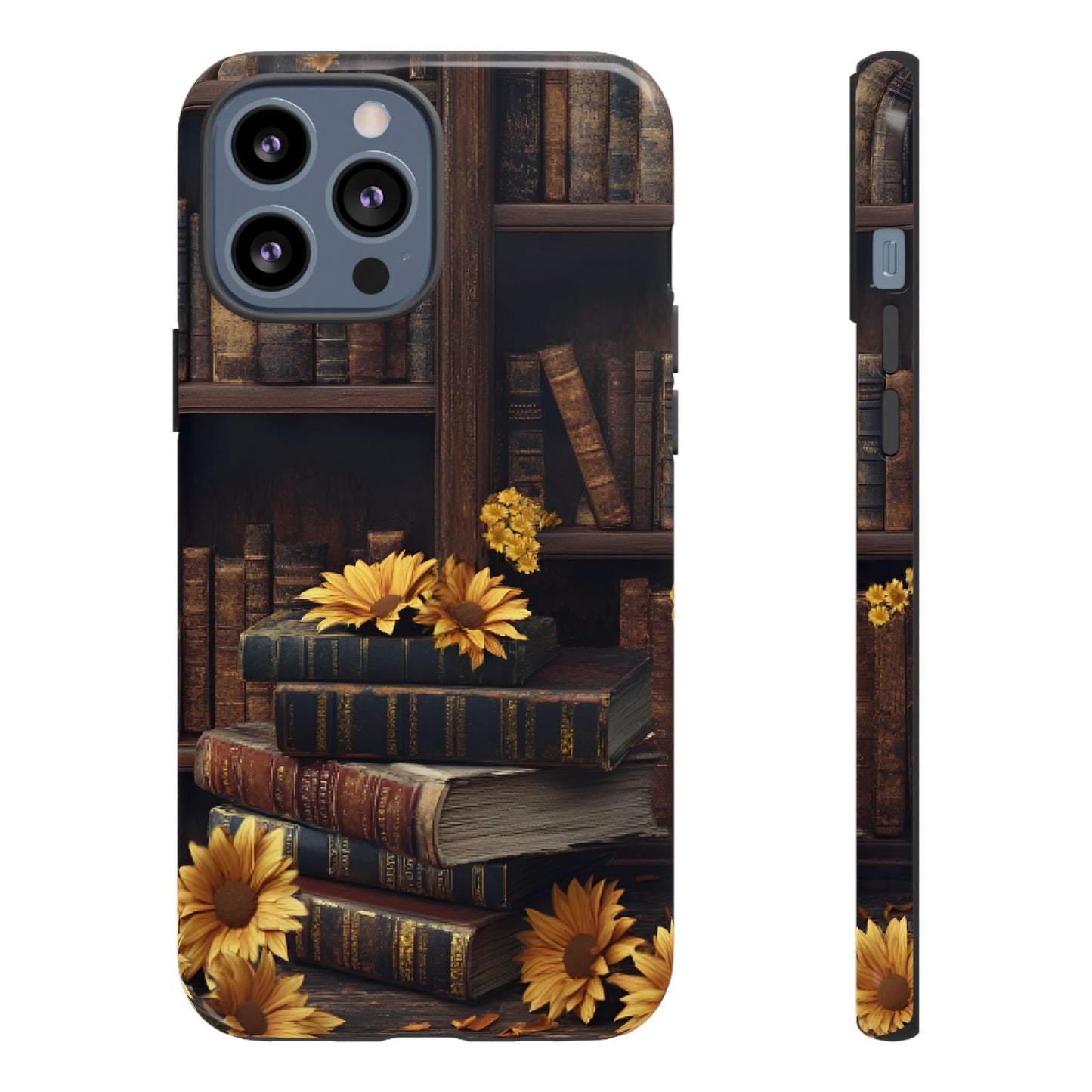 Vintage Books and Sunflowers Phone Case - Dark Academia Library Phone Cases for iPhone 16 15 14 13 12 11, Samsung Galaxy & Google Pixel