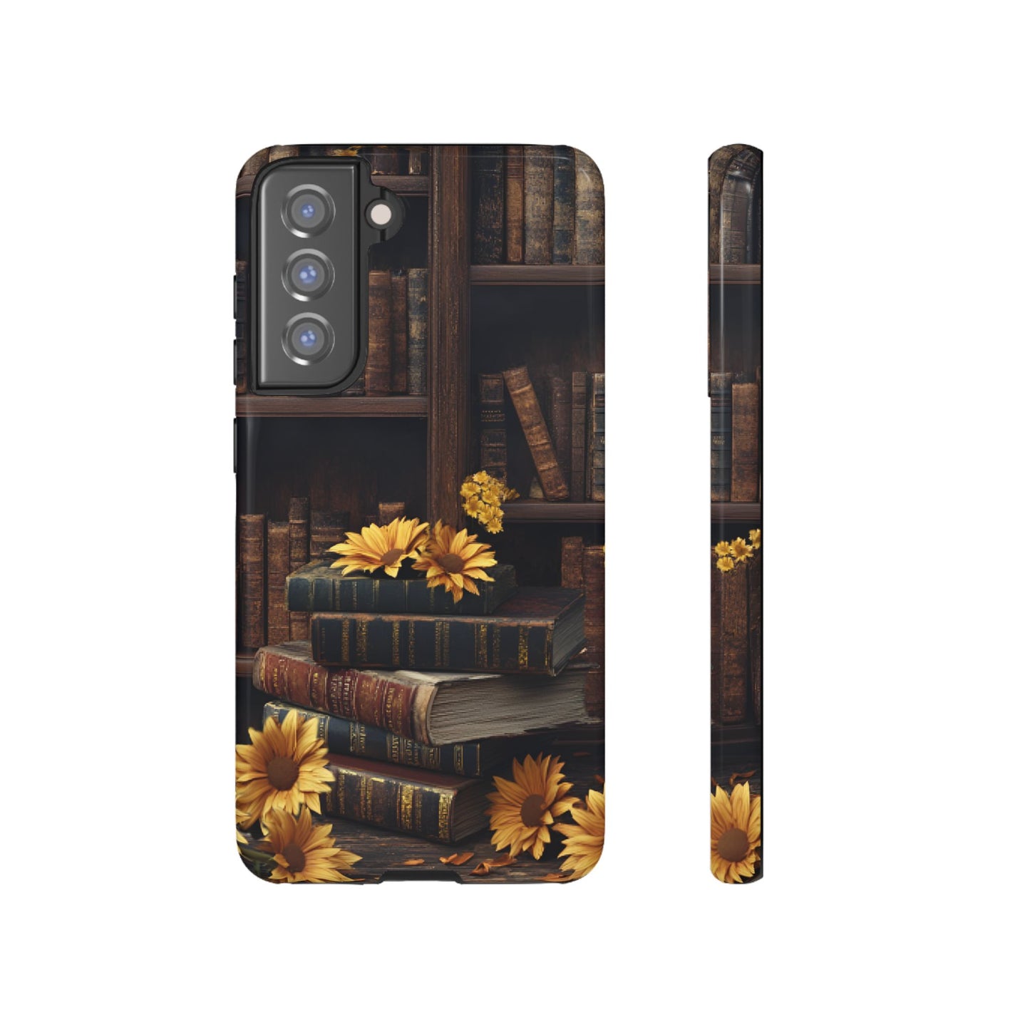 Vintage Books and Sunflowers Phone Case - Dark Academia Library Phone Cases for iPhone 16 15 14 13 12 11, Samsung Galaxy & Google Pixel