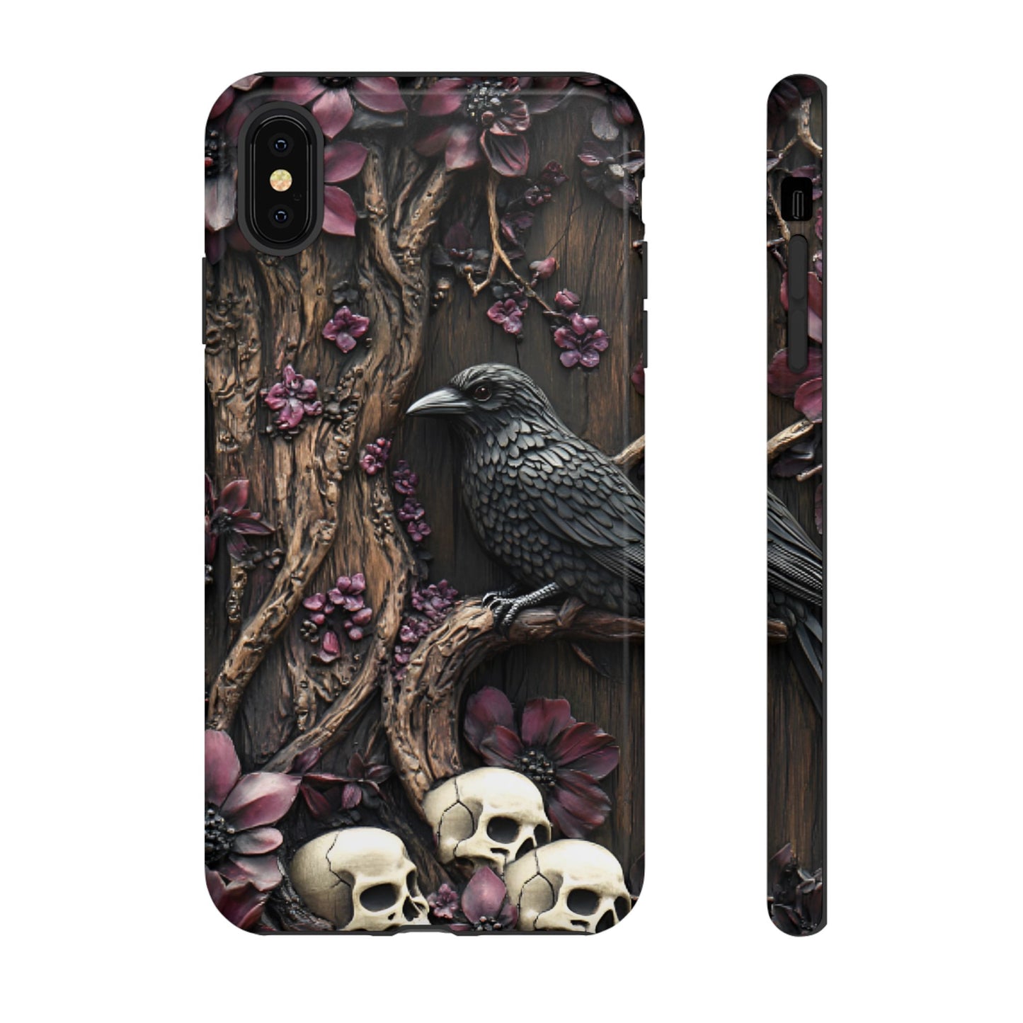 Raven and Skulls Phone Case - Gothic Faux Wood Phone Cases - iPhone 16 15 14 13 12 11, Samsung Galaxy & Google Pixel Phone Covers - Boo and Bewear