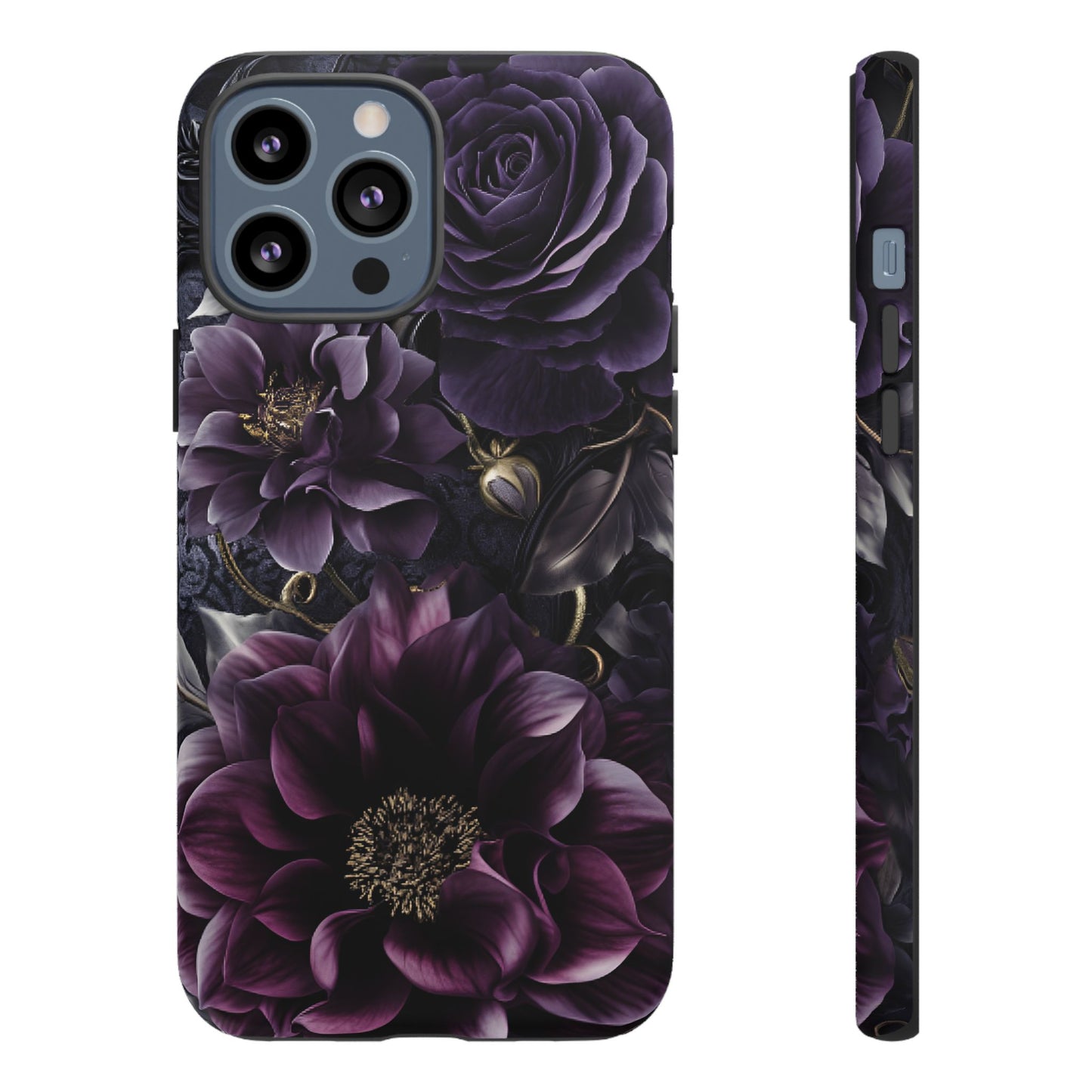 Gothic Dark Floral Phone Case - Aesthetic Purple and Gold Flowers - iPhone 16 15 14 13 12 11, Samsung Galaxy & Google Pixel Phone Covers