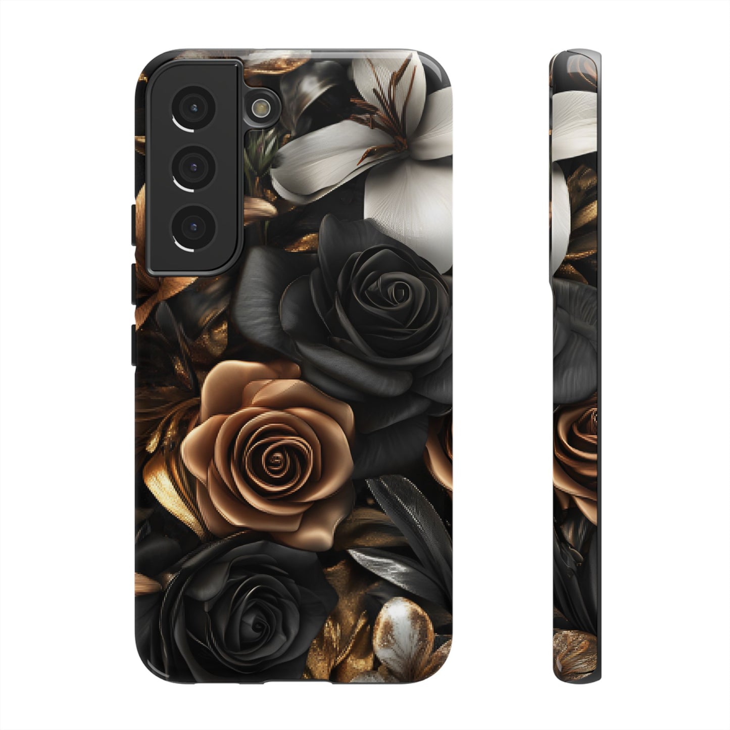 Floral Phone Case - Black and Gold Roses - iPhone 16 15 14 13 12 11, Samsung Galaxy & Google Pixel Phone Covers