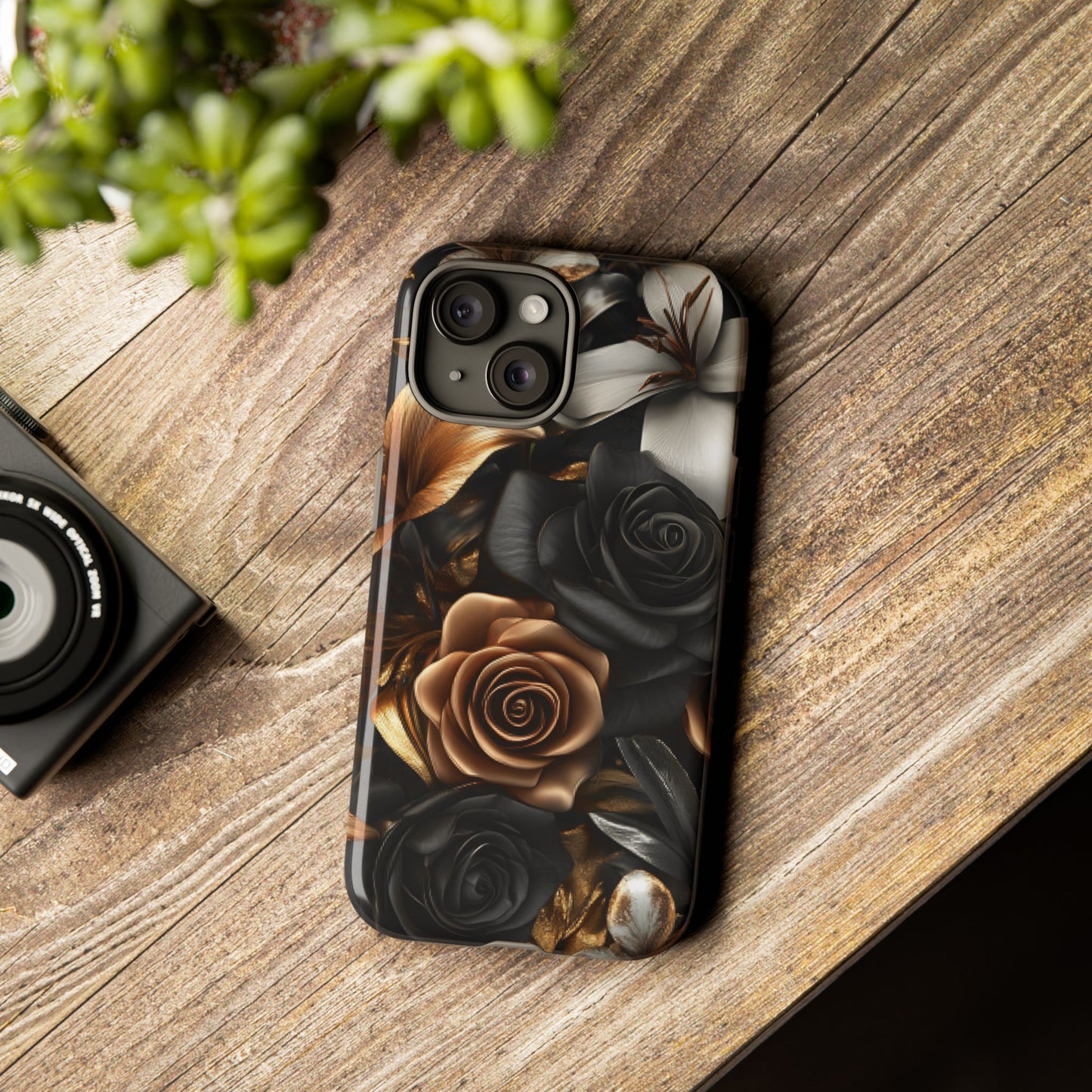 Floral Phone Case - Black and Gold Roses - iPhone 16 15 14 13 12 11, Samsung Galaxy & Google Pixel Phone Covers