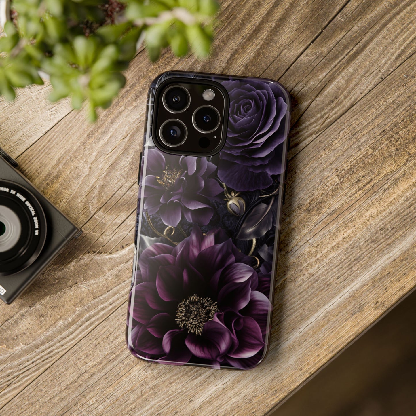 Gothic Dark Floral Phone Case - Aesthetic Purple and Gold Flowers for iPhone 16 15 14 13 12 11, Samsung Galaxy & Google Pixel