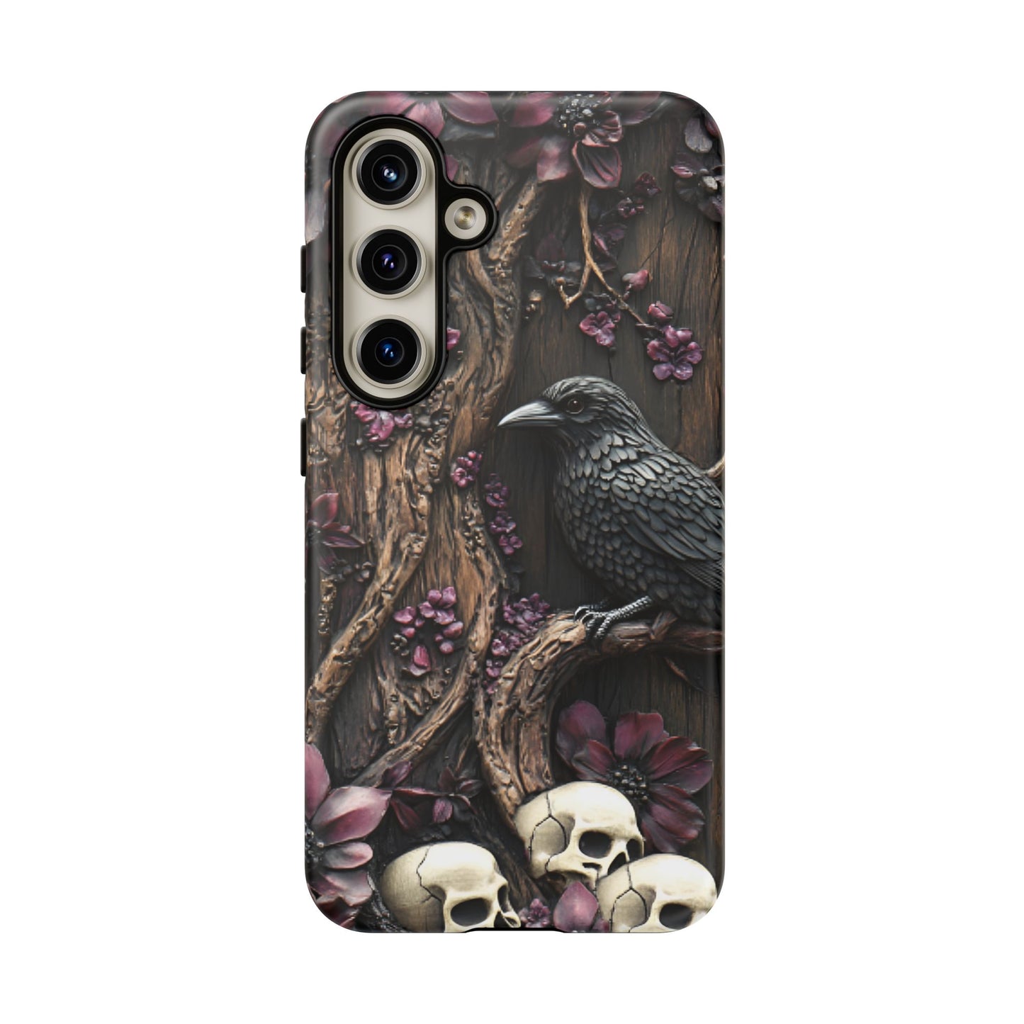 Raven and Skulls Phone Case - Gothic Faux Wood Phone Cases - iPhone 16 15 14 13 12 11, Samsung Galaxy & Google Pixel Phone Covers