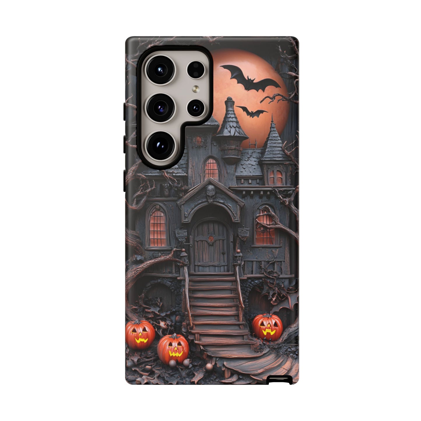 Carved Wood Haunted House Phone Case - Faux Wood Spooky Halloween Phone Cases for iPhone 16 15 14 13 12 11, Samsung Galaxy & Google Pixel