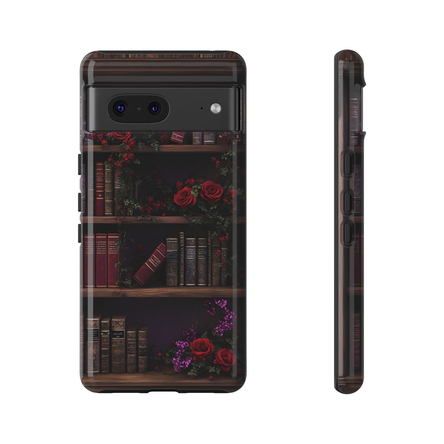 Book Lovers Phone Case - Roses and Books in Moody Vintage Bookshelf for iPhone 16 15 14 13 12 11, Samsung Galaxy & Google Pixel