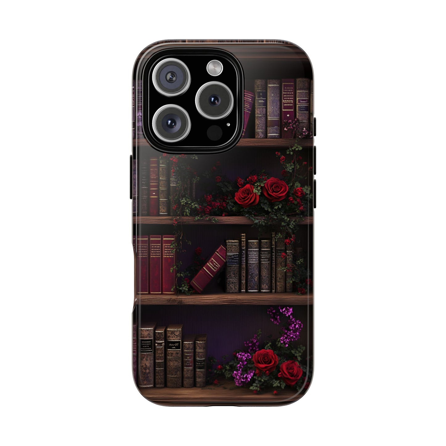 Book Lovers Phone Case - Roses and Books in Moody Vintage Bookshelf for iPhone 16 15 14 13 12 11, Samsung Galaxy & Google Pixel