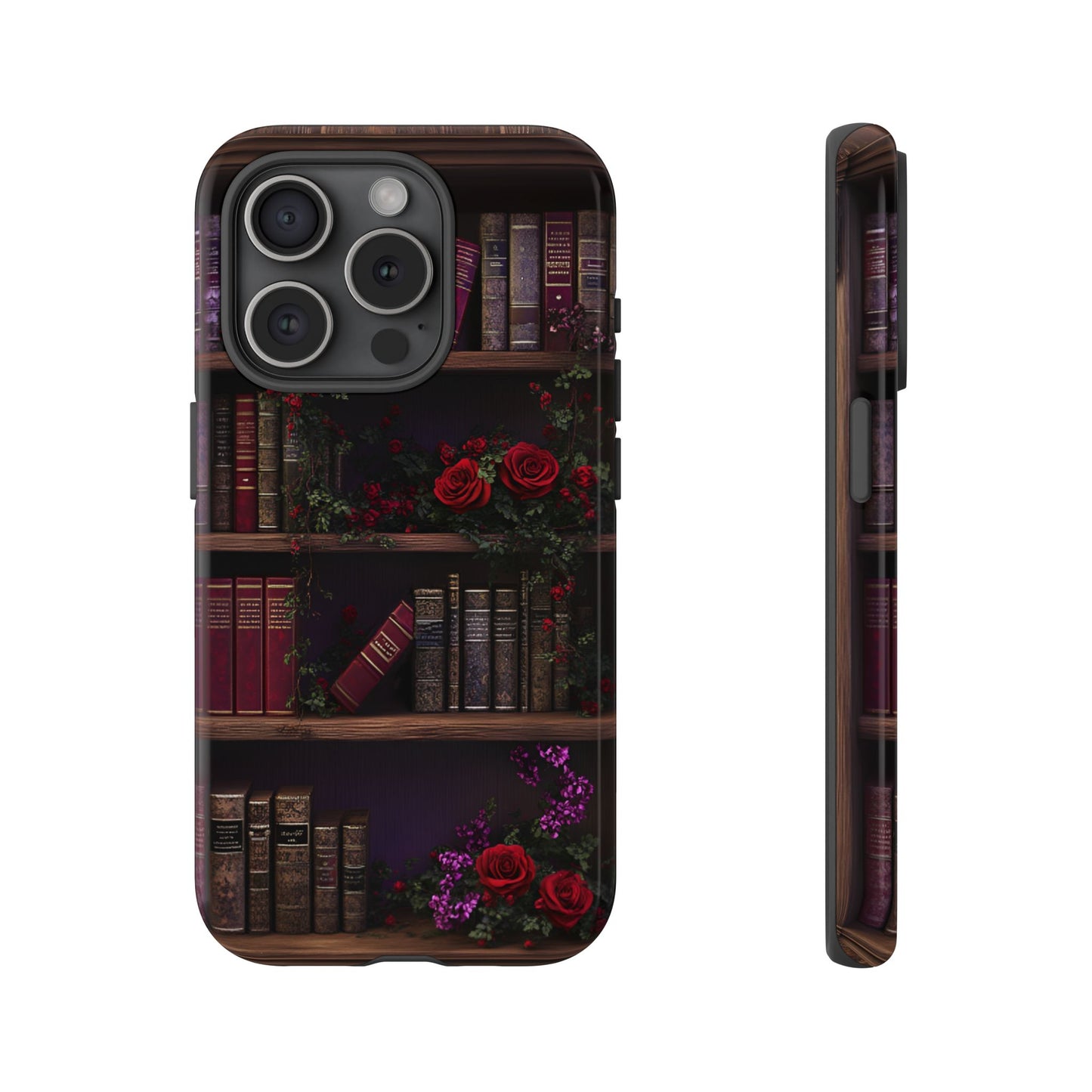 Book Lovers Phone Case - Roses and Books in Moody Vintage Bookshelf - iPhone 16 15 14 13 12 11, Samsung Galaxy & Google Pixel Phone Covers