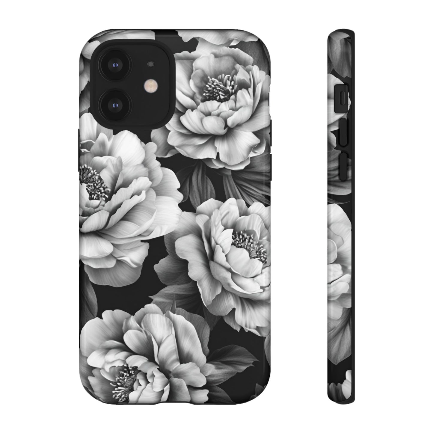 Black and White Peony Flower Phone Case - Aesthetic Dark Floral Phone Cases for iPhone 16 15 14 13 12 11, Samsung Galaxy & Google Pixel