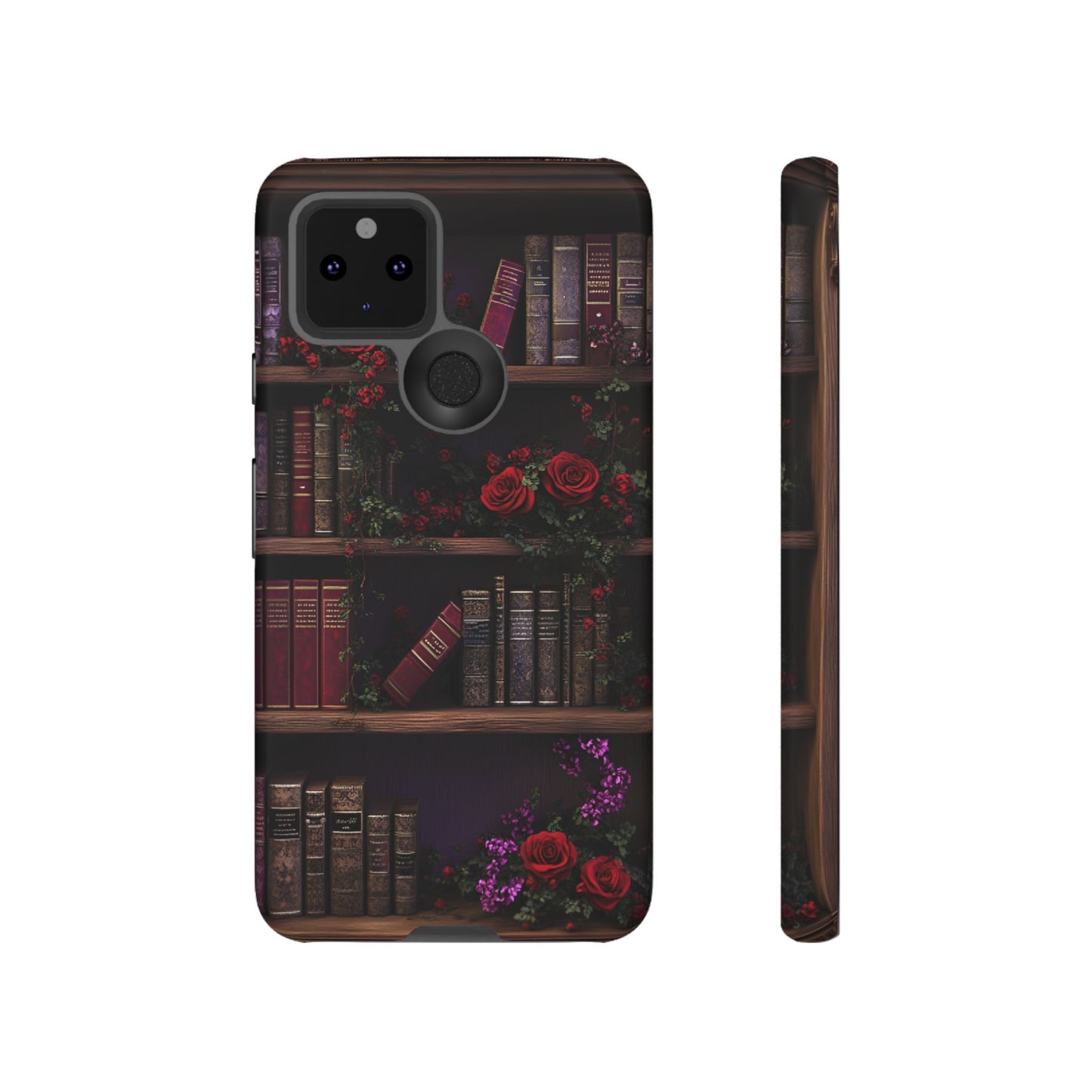 Book Lovers Phone Case - Roses and Books in Moody Vintage Bookshelf - iPhone 16 15 14 13 12 11, Samsung Galaxy & Google Pixel Phone Covers