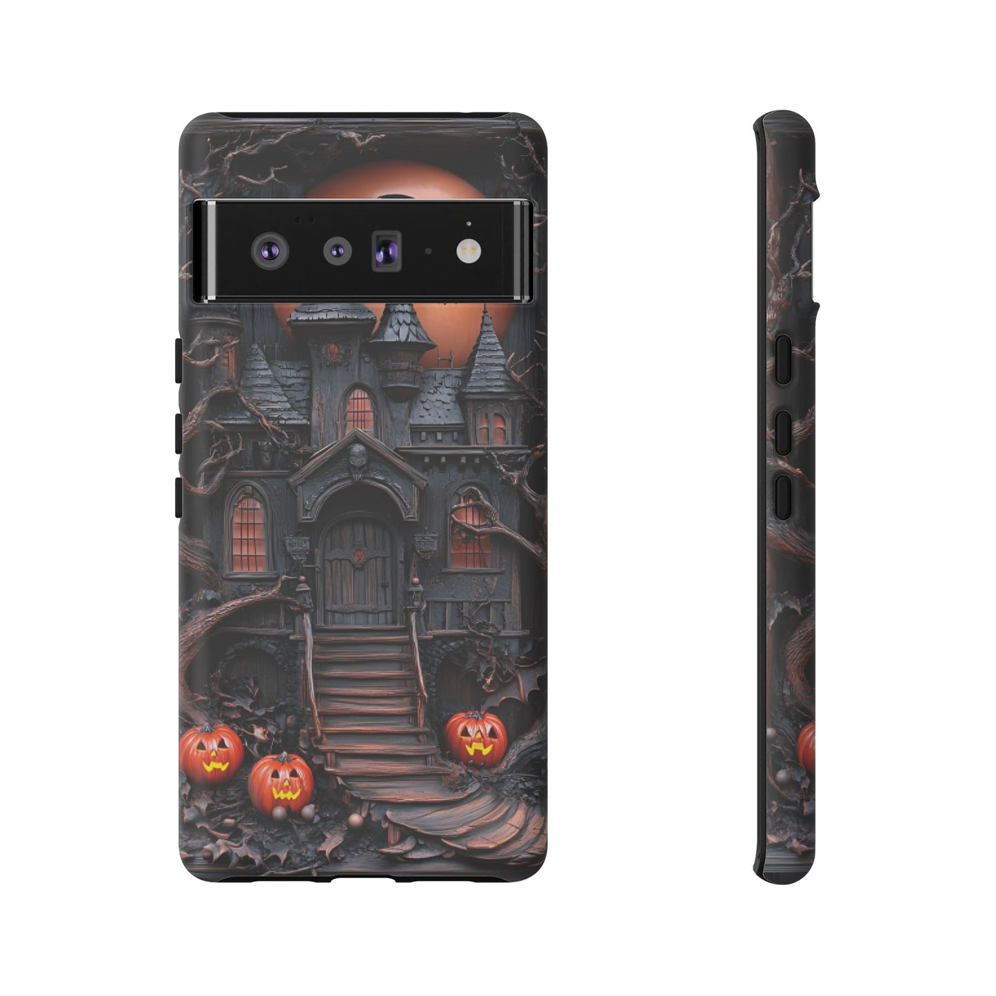 Carved Wood Haunted House Phone Case - Faux Wood Spooky Halloween Phone Cases - iPhone 16 15 14 13 12 11, Samsung Galaxy & Google Pixel Phone Covers