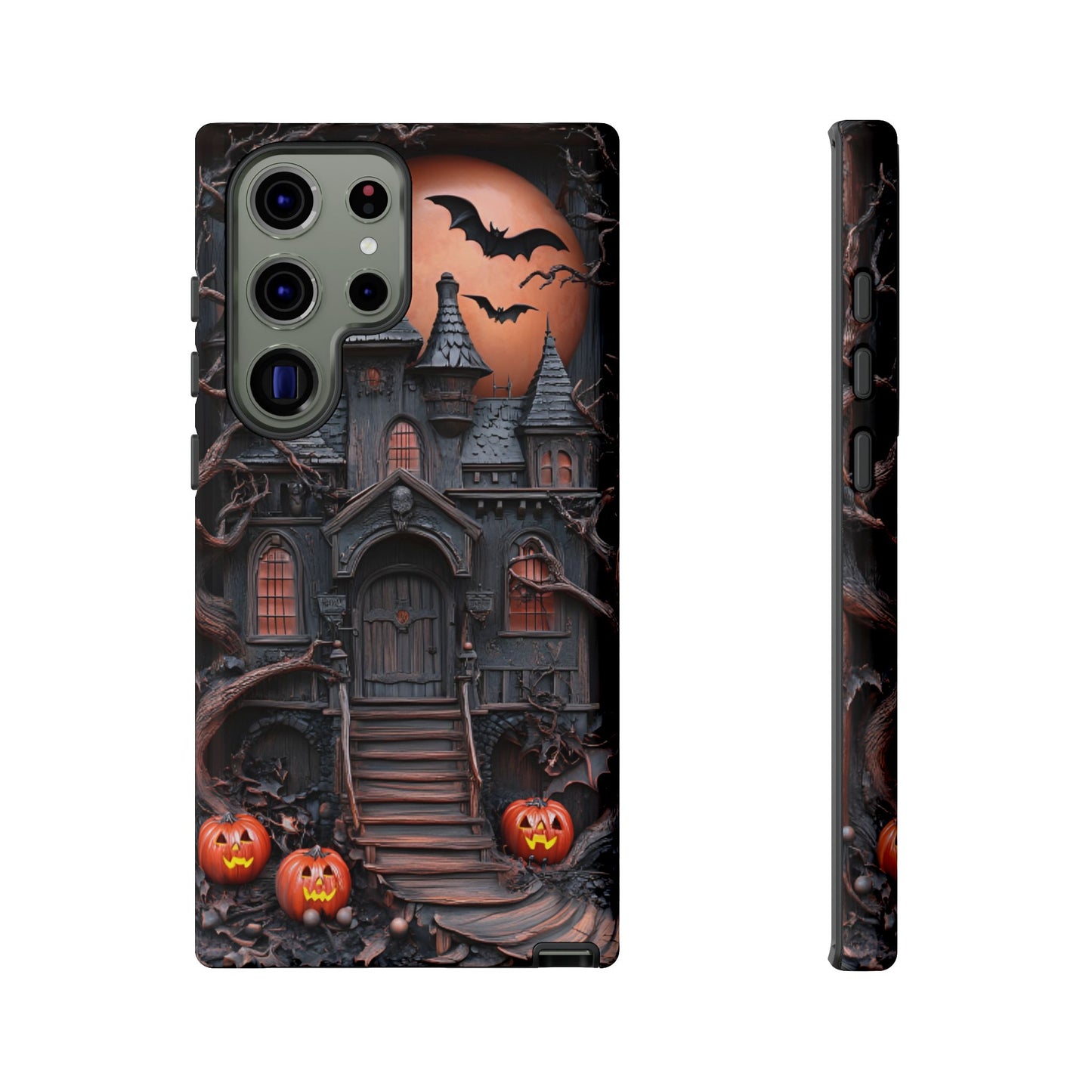 Carved Wood Haunted House Phone Case - Faux Wood Spooky Halloween Phone Cases for iPhone 16 15 14 13 12 11, Samsung Galaxy & Google Pixel