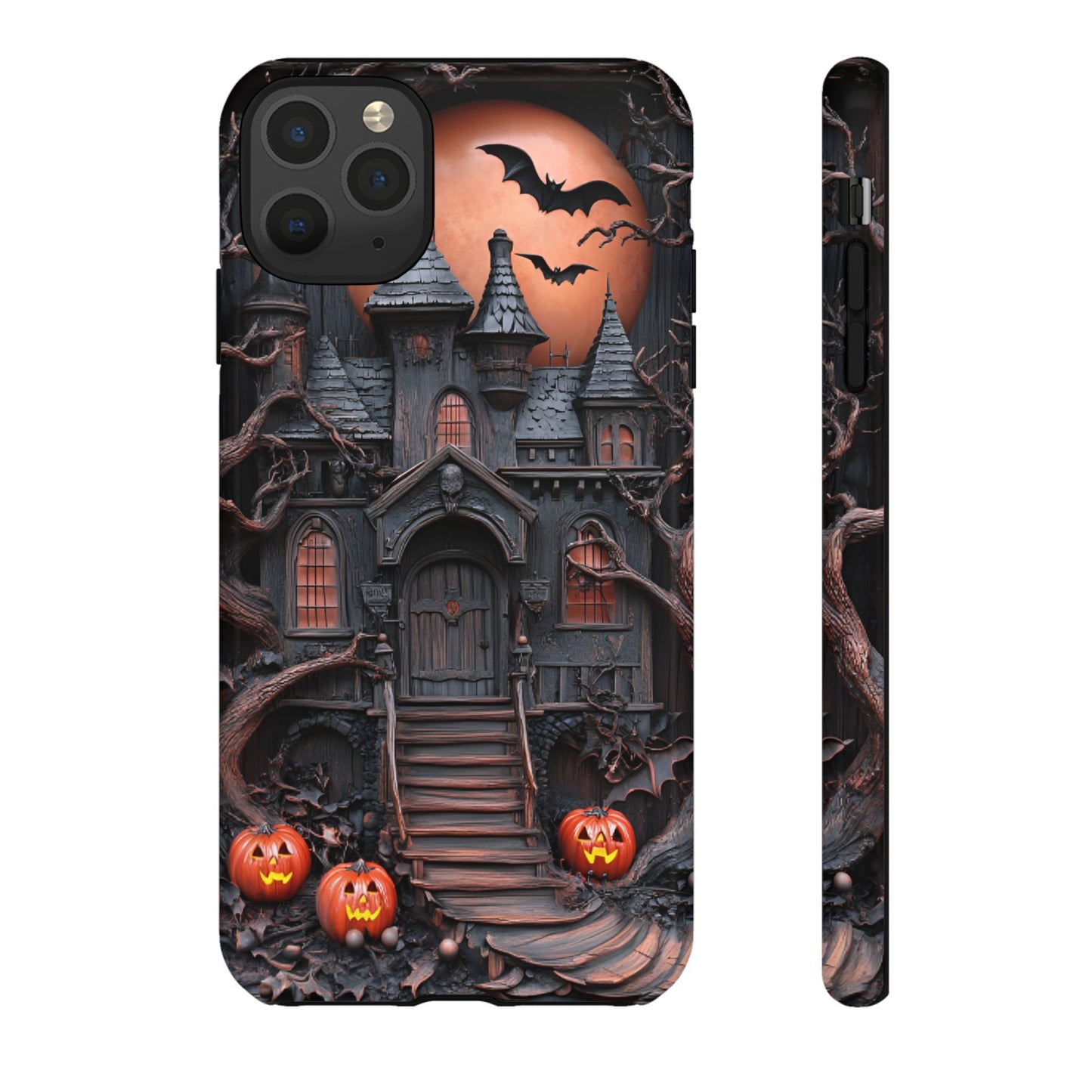 Carved Wood Haunted House Phone Case - Faux Wood Spooky Halloween Phone Cases - iPhone 16 15 14 13 12 11, Samsung Galaxy & Google Pixel Phone Covers