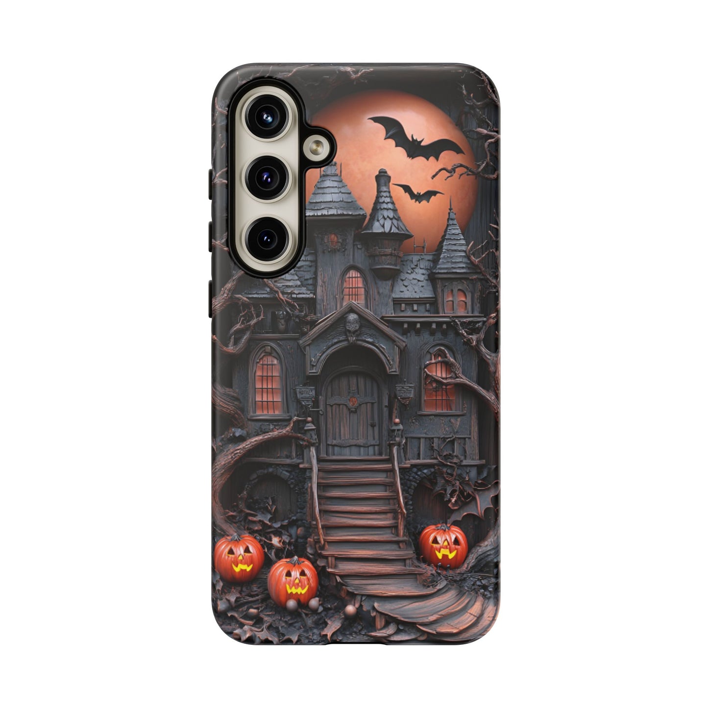 Carved Wood Haunted House Phone Case - Faux Wood Spooky Halloween Phone Cases for iPhone 16 15 14 13 12 11, Samsung Galaxy & Google Pixel