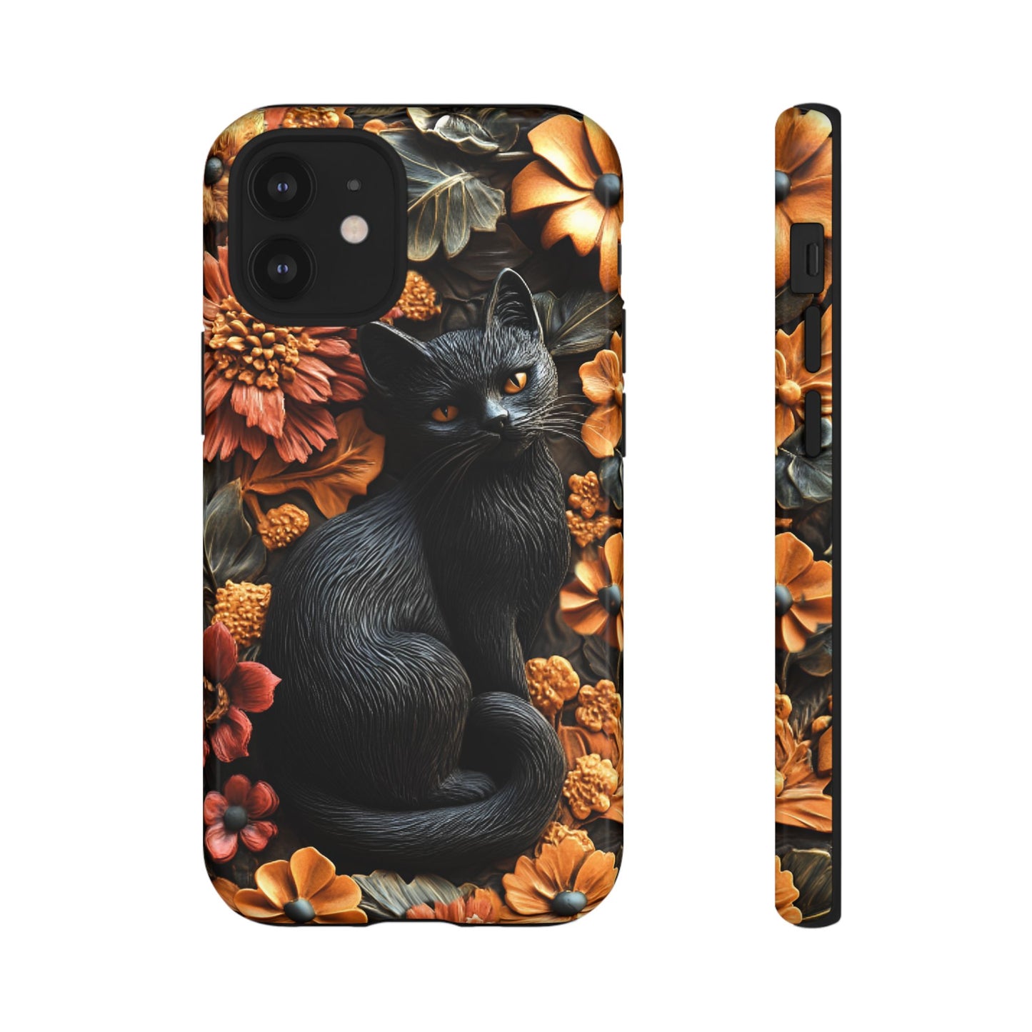 Black Cat Floral Fall Phone Case - Carved Clay Effect Cat Lover Phone Cases - iPhone 16 15 14 13 12 11, Samsung Galaxy & Google Pixel Phone Covers