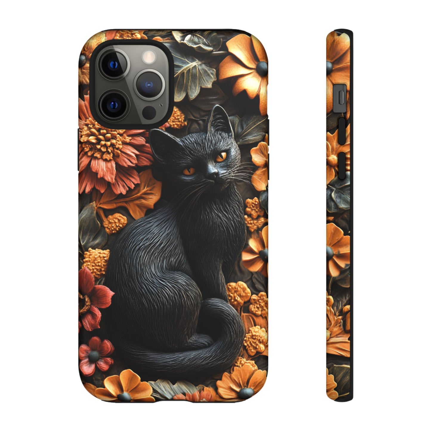 Black Cat Floral Fall Phone Case - Carved Clay Effect Cat Lover Phone Cases for iPhone 16 15 14 13 12 11, Samsung Galaxy & Google Pixel