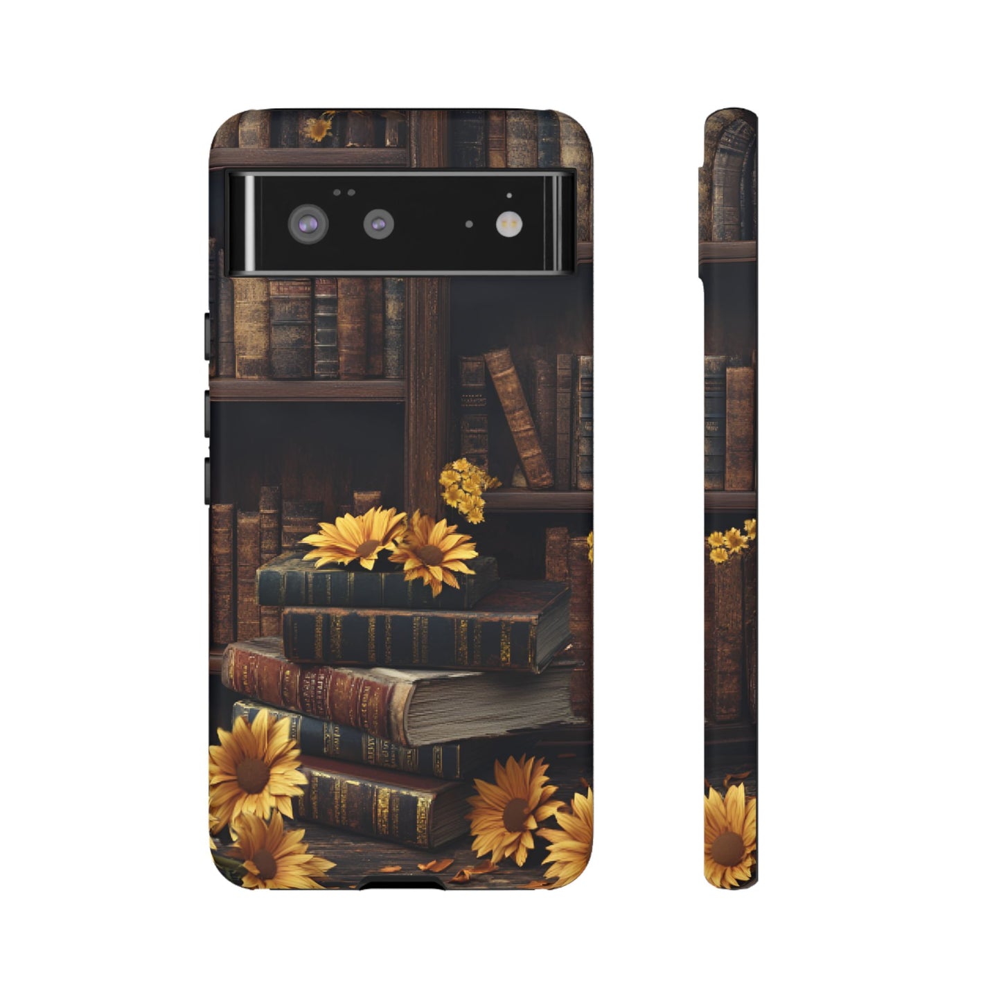 Vintage Books and Sunflowers Phone Case - Dark Academia Library Phone Cases for iPhone 16 15 14 13 12 11, Samsung Galaxy & Google Pixel