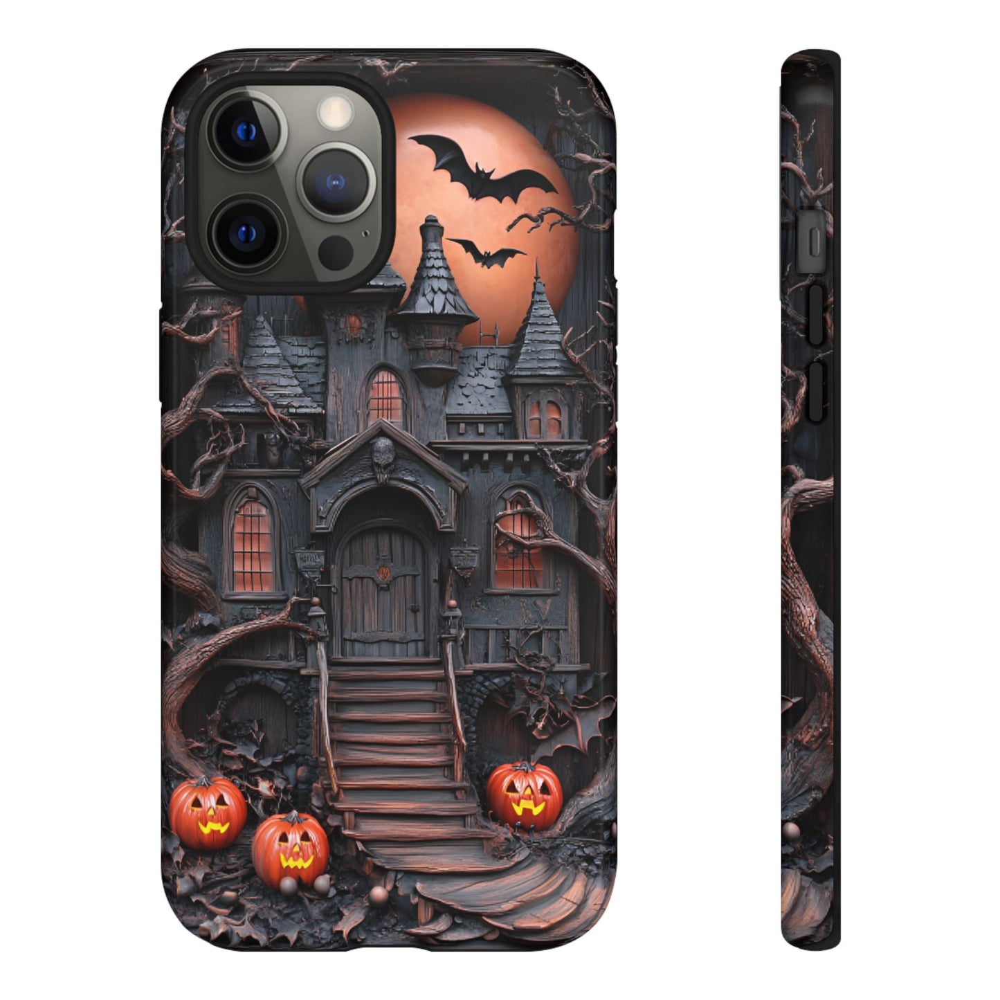 Carved Wood Haunted House Phone Case - Faux Wood Spooky Halloween Phone Cases - iPhone 16 15 14 13 12 11, Samsung Galaxy & Google Pixel Phone Covers