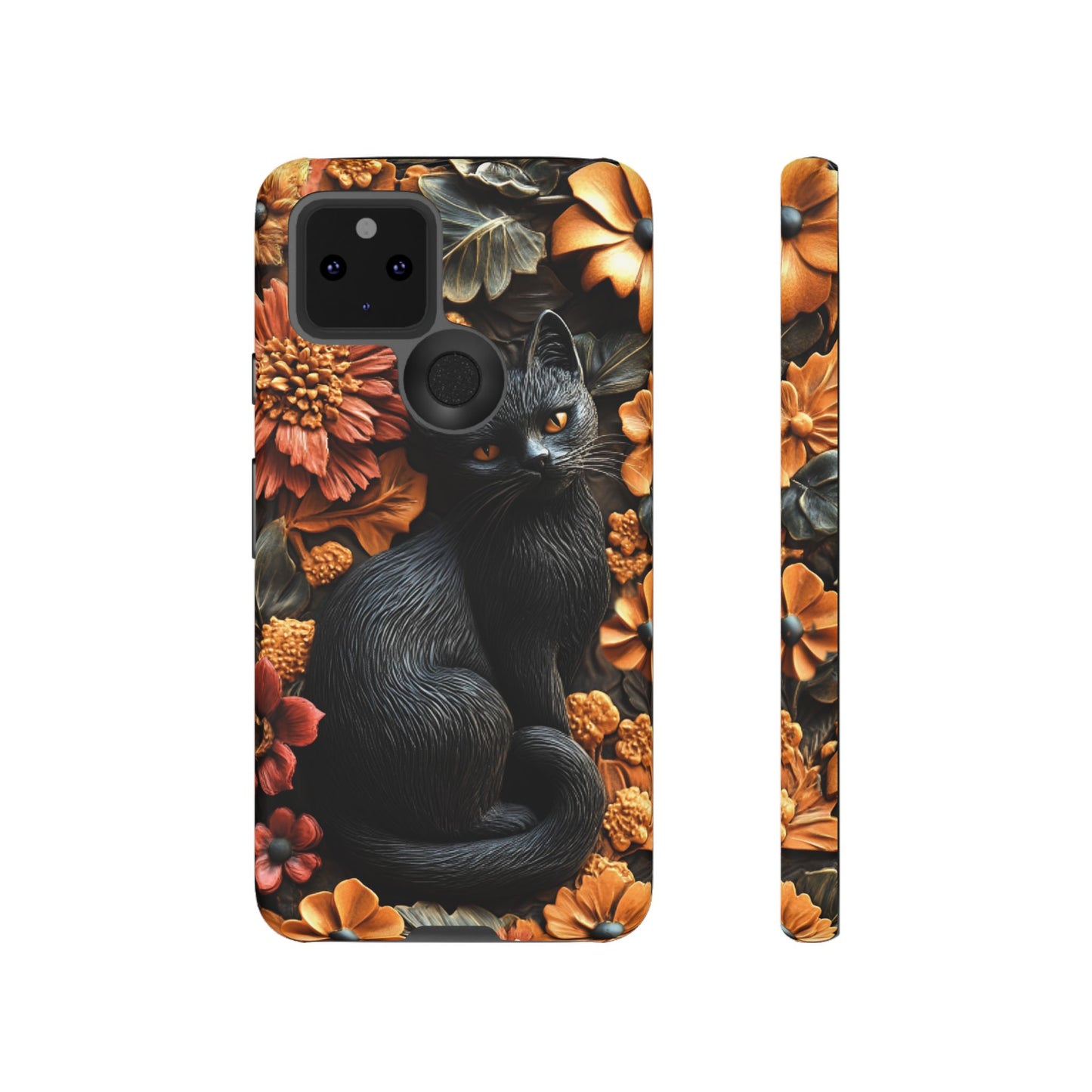 Black Cat Floral Fall Phone Case - Carved Clay Effect Cat Lover Phone Cases for iPhone 16 15 14 13 12 11, Samsung Galaxy & Google Pixel