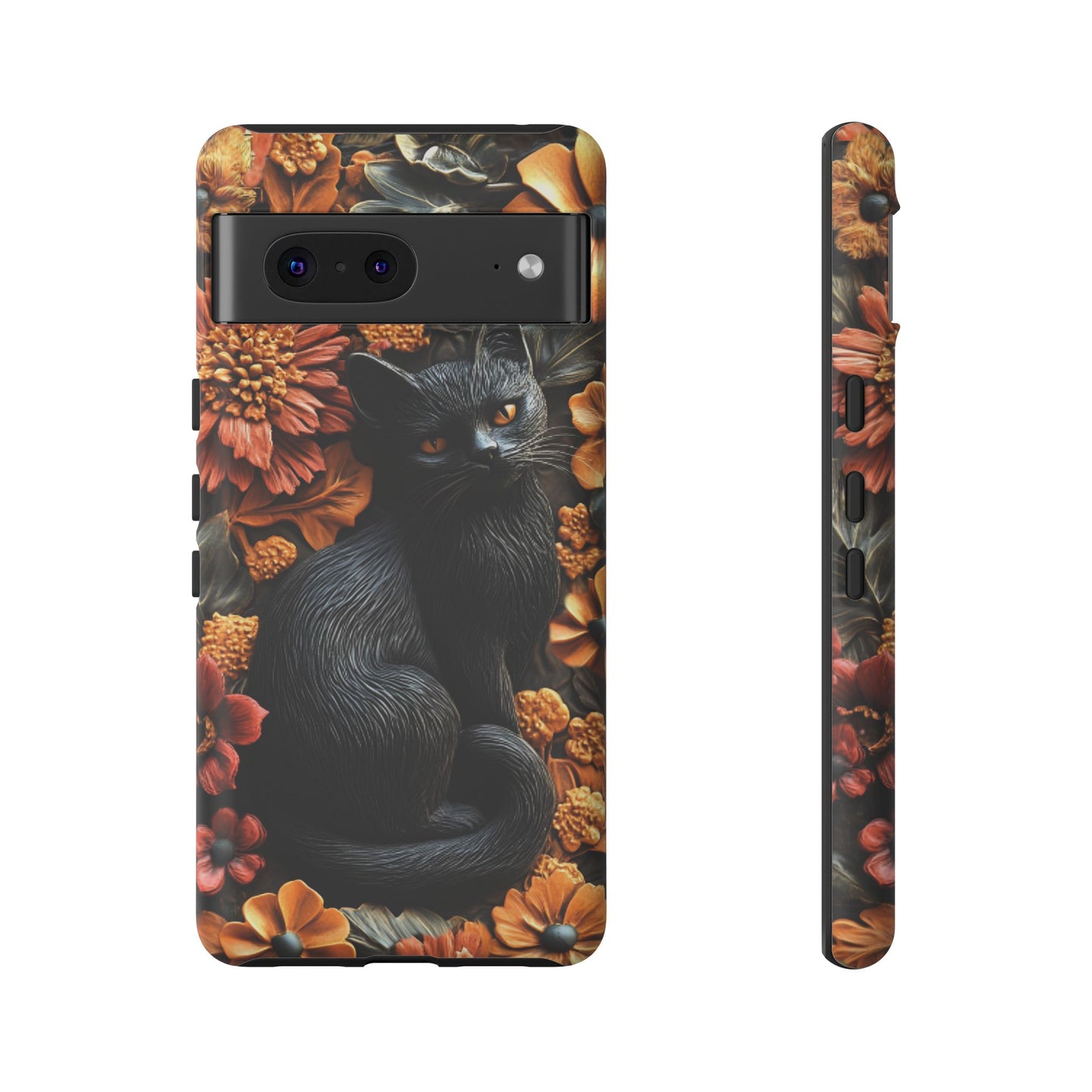 Black Cat Floral Fall Phone Case - Carved Clay Effect Cat Lover Phone Cases - iPhone 16 15 14 13 12 11, Samsung Galaxy & Google Pixel Phone Covers