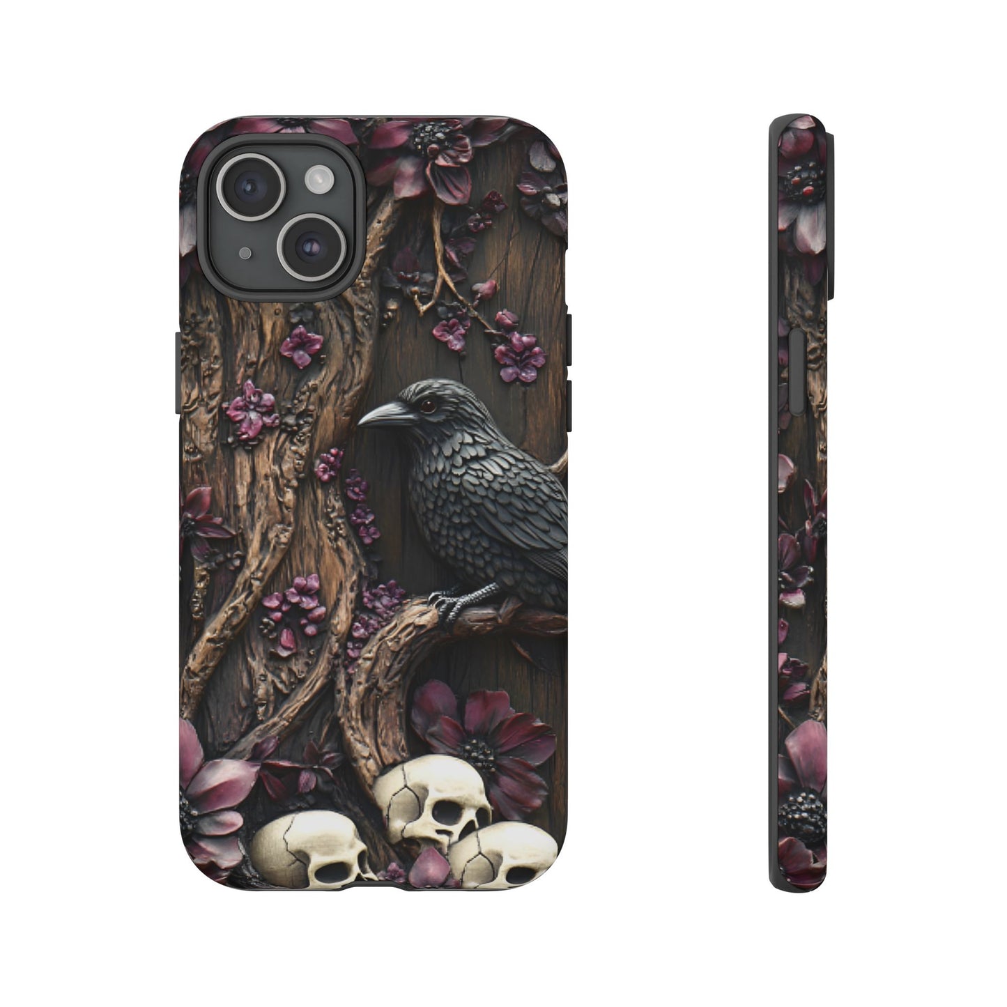 Raven and Skulls Phone Case - Gothic Faux Wood Phone Cases - iPhone 16 15 14 13 12 11, Samsung Galaxy & Google Pixel Phone Covers