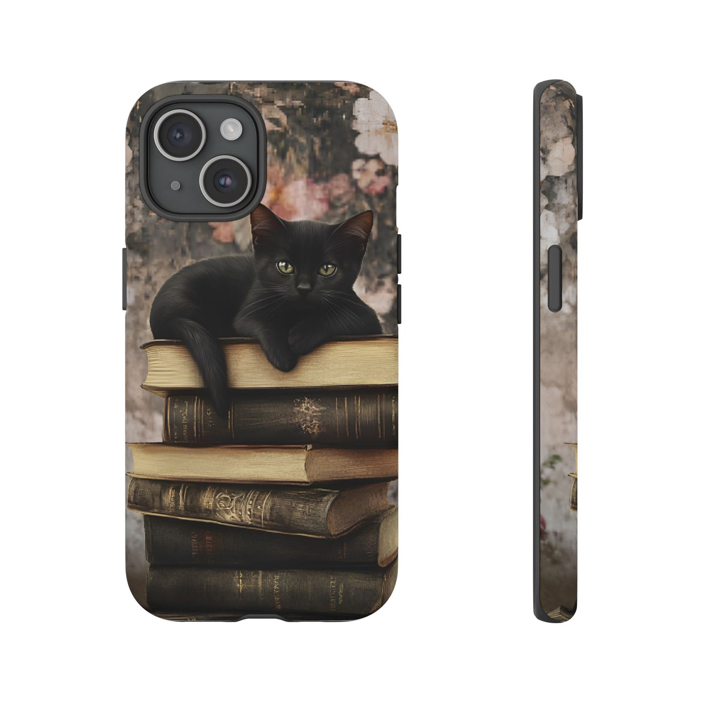 Black Cat and Books Phone Case - Vintage Dark Academia Library Phone Cases for iPhone 16 15 14 13 12 11, Samsung Galaxy & Google Pixel