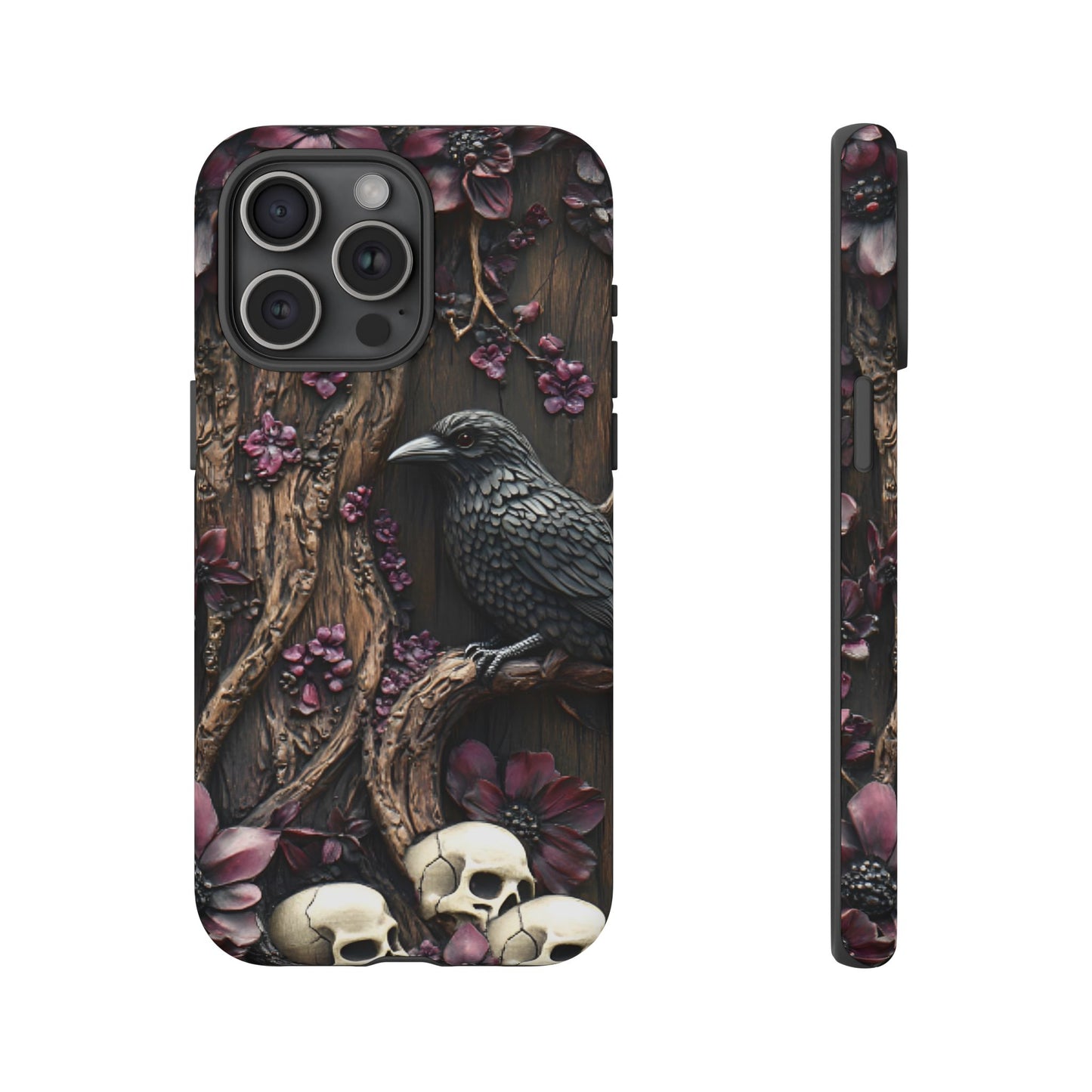 Raven and Skulls Phone Case - Gothic Faux Wood Phone Cases - iPhone 16 15 14 13 12 11, Samsung Galaxy & Google Pixel Phone Covers