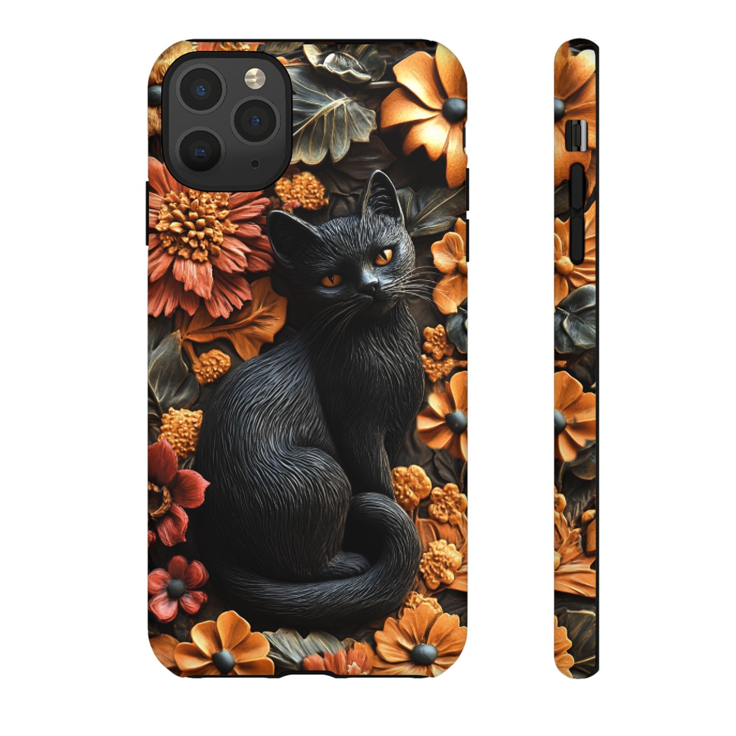 Black Cat Floral Fall Phone Case - Carved Clay Effect Cat Lover Phone Cases - iPhone 16 15 14 13 12 11, Samsung Galaxy & Google Pixel Phone Covers