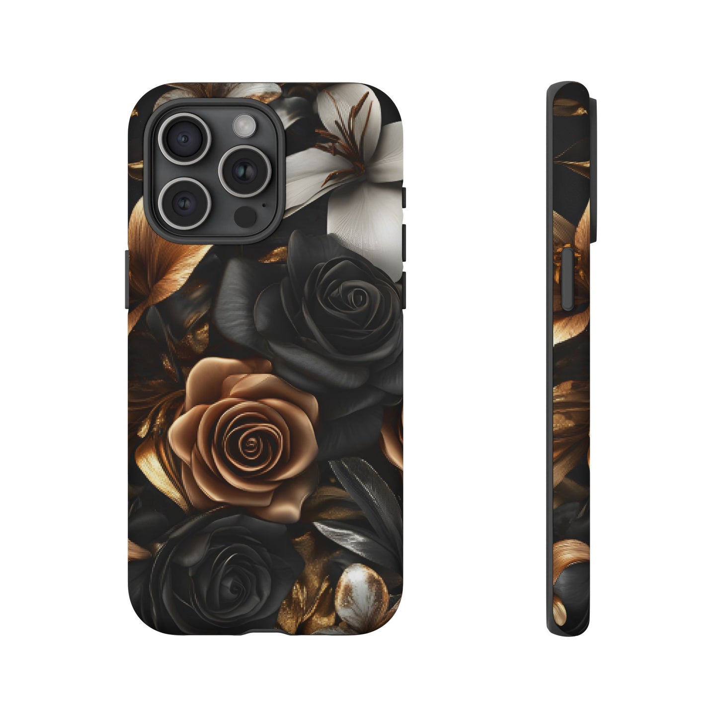 Floral Phone Case - Black and Gold Roses - iPhone 16 15 14 13 12 11, Samsung Galaxy & Google Pixel Phone Covers