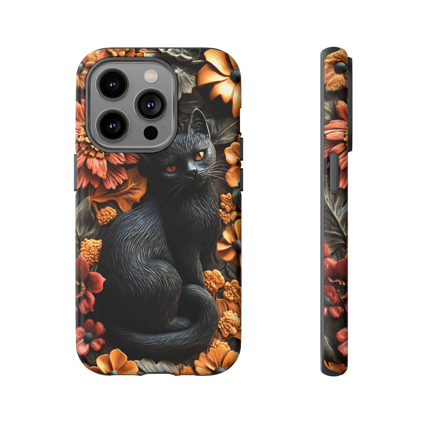 Black Cat Floral Fall Phone Case - Carved Clay Effect Cat Lover Phone Cases for iPhone 16 15 14 13 12 11, Samsung Galaxy & Google Pixel