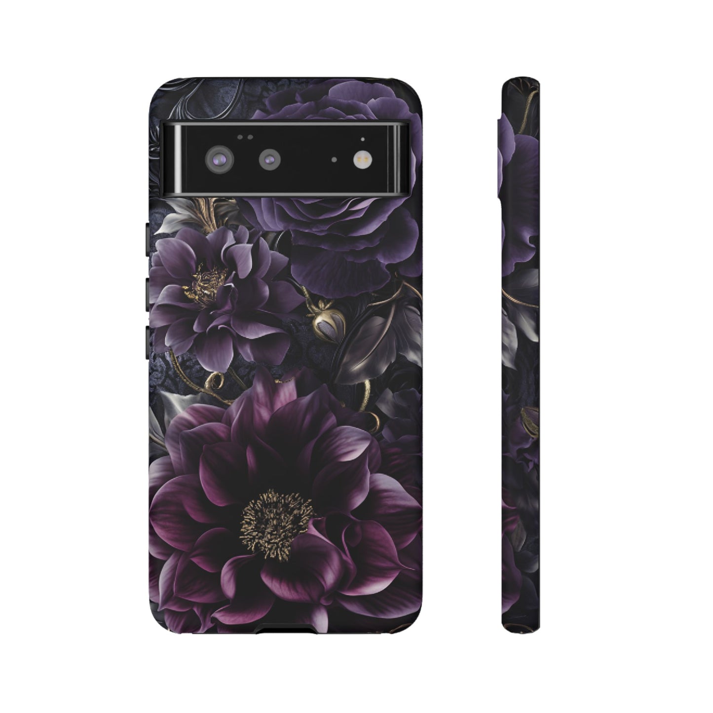 Gothic Dark Floral Phone Case - Aesthetic Purple and Gold Flowers - iPhone 16 15 14 13 12 11, Samsung Galaxy & Google Pixel Phone Covers