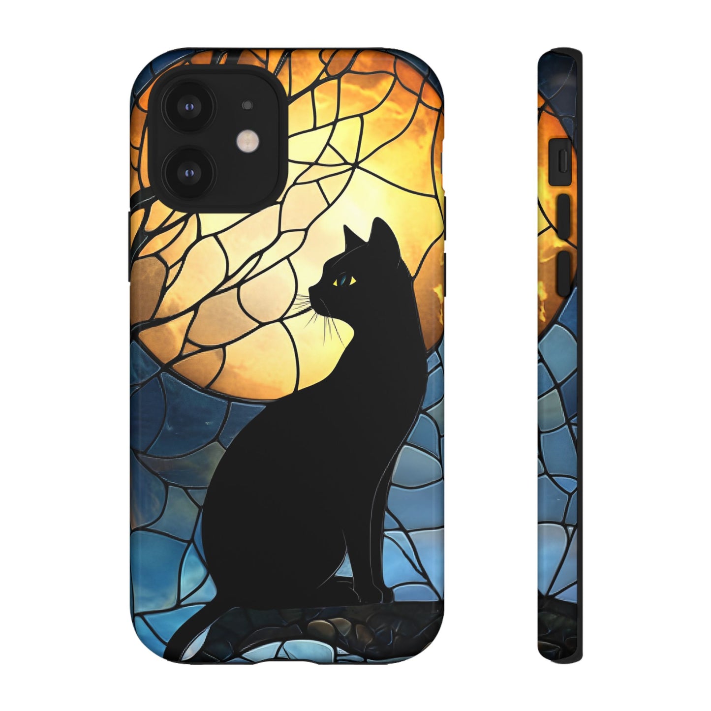 Black Cat and Moon Stained Glass Phone Case - Celestial Cat Lover Phone Cases - iPhone 16 15 14 13 12 11, Samsung Galaxy & Google Pixel Phone Covers