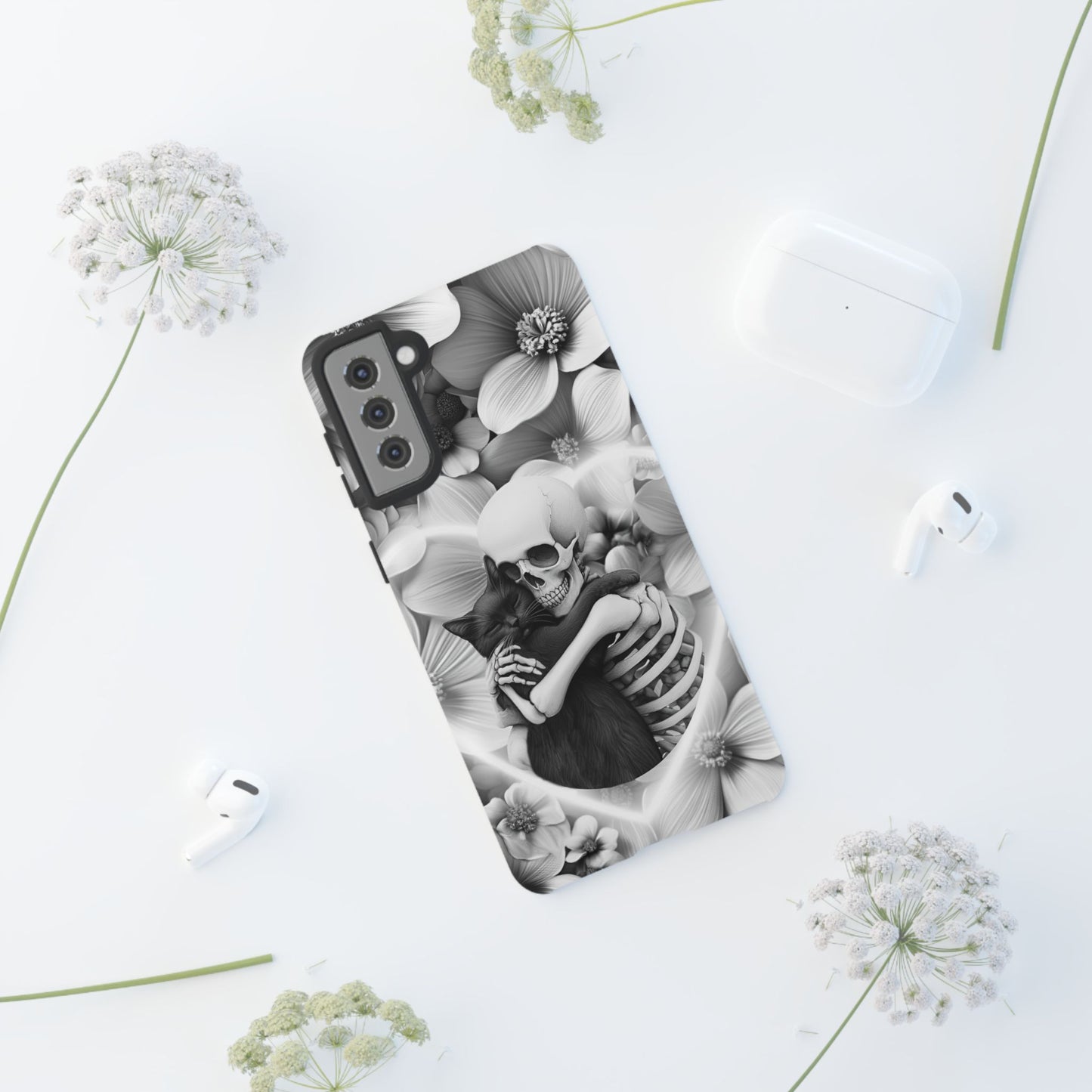 Skeleton & Black Cat Phone Case - Aesthetic Cat Lover Phone Cases- iPhone 16 15 14 13 12 11, Samsung Galaxy & Google Pixel Phone Covers