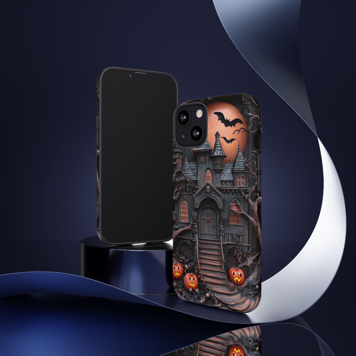 Carved Wood Haunted House Phone Case - Faux Wood Spooky Halloween Phone Cases - iPhone 16 15 14 13 12 11, Samsung Galaxy & Google Pixel Phone Covers