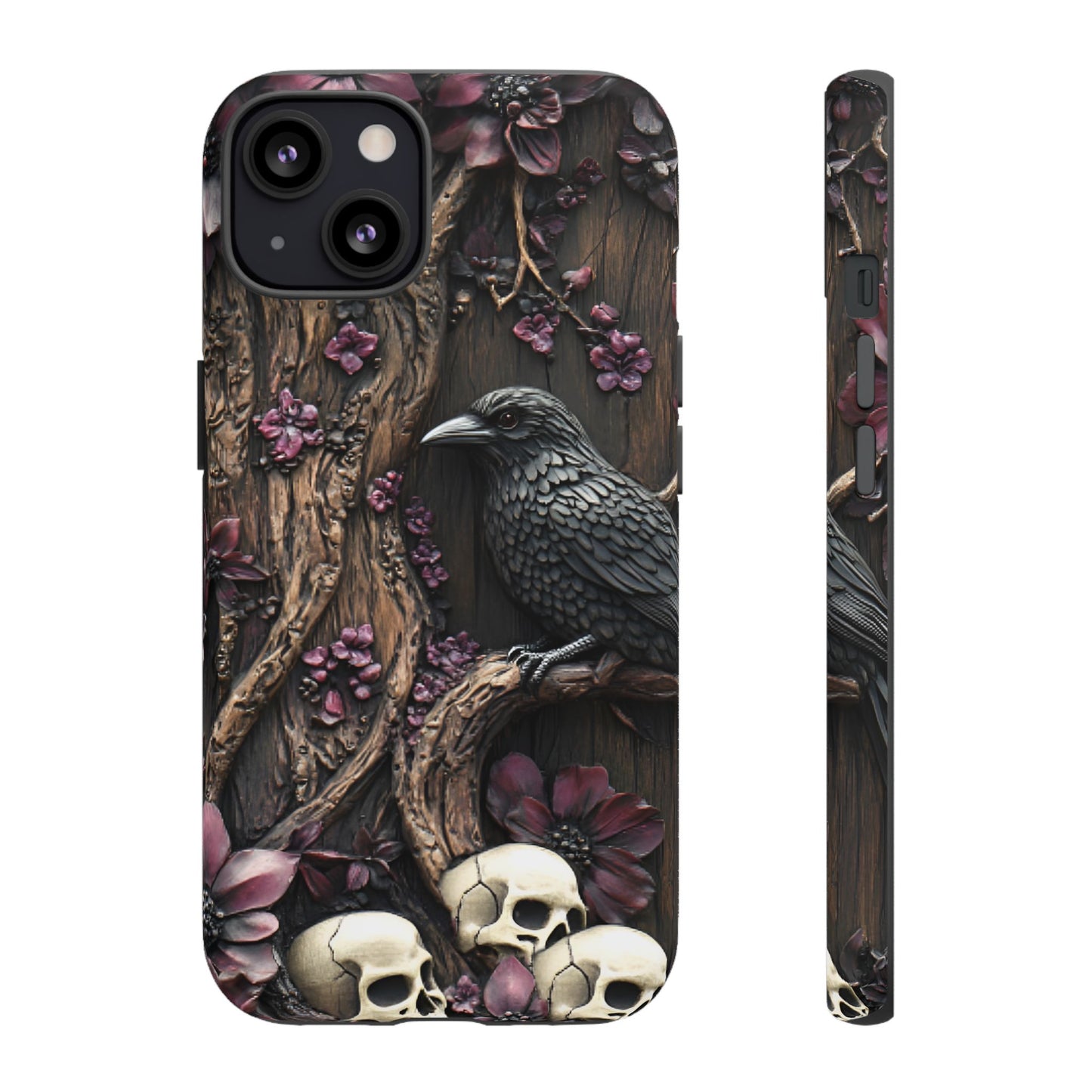 Raven and Skulls Phone Case - Gothic Faux Wood Phone Cases - iPhone 16 15 14 13 12 11, Samsung Galaxy & Google Pixel Phone Covers