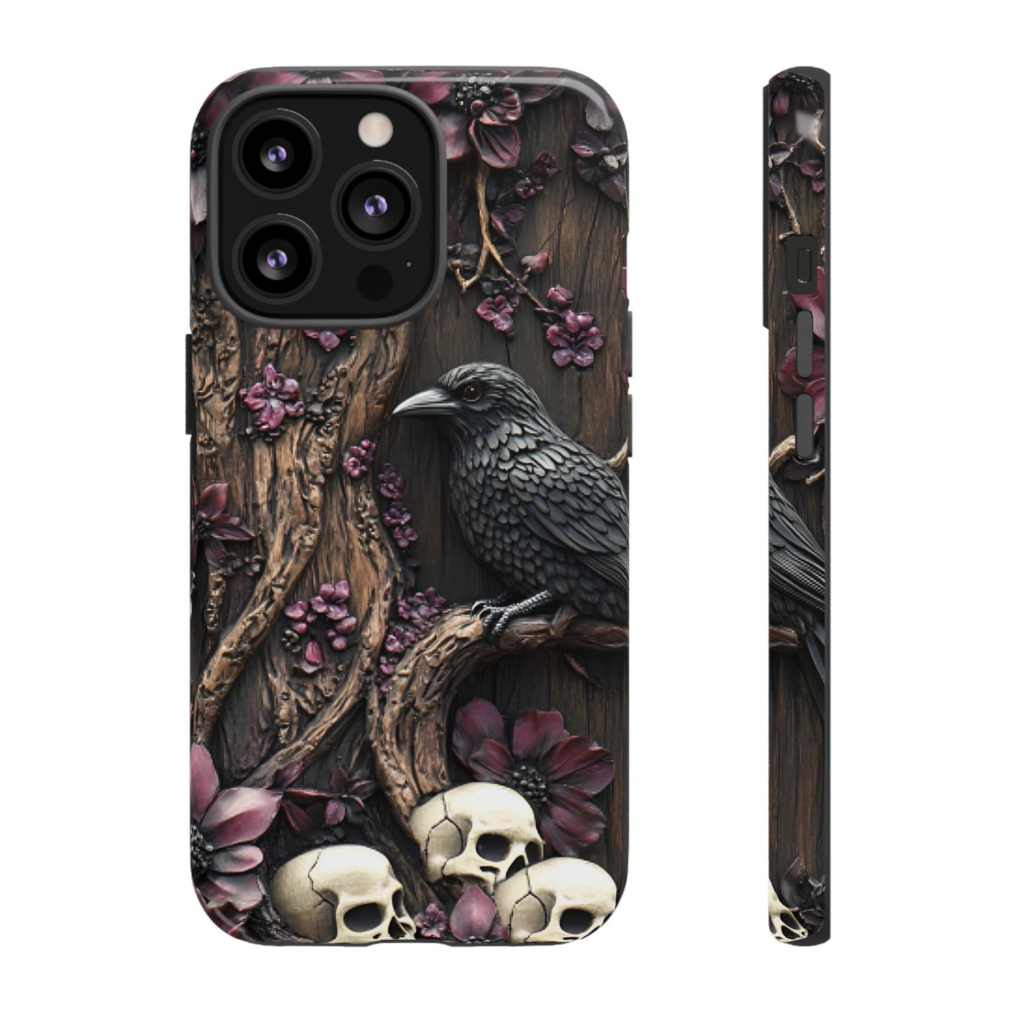 Raven and Skulls Phone Case - Gothic Faux Wood Phone Cases - iPhone 16 15 14 13 12 11, Samsung Galaxy & Google Pixel Phone Covers